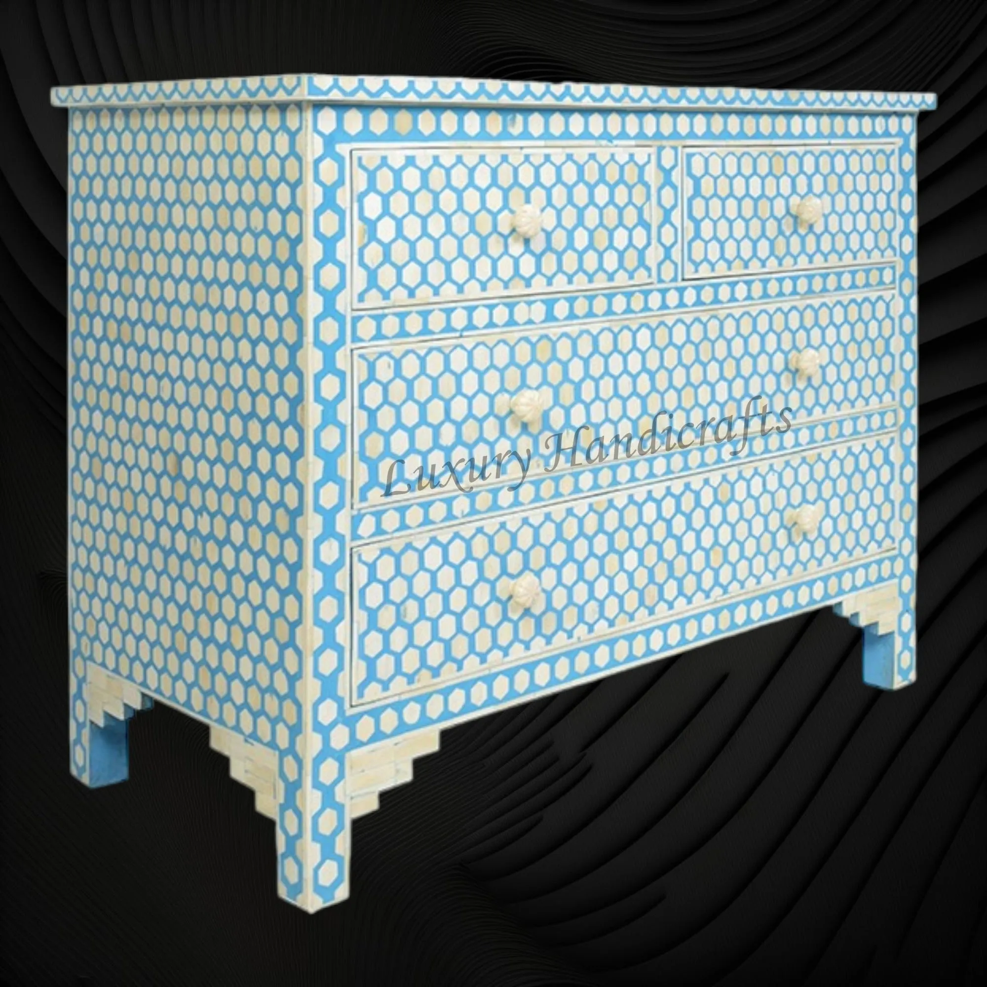 Bone Inlay Chest of Drawers Inverse Hexagon Aqua Blue