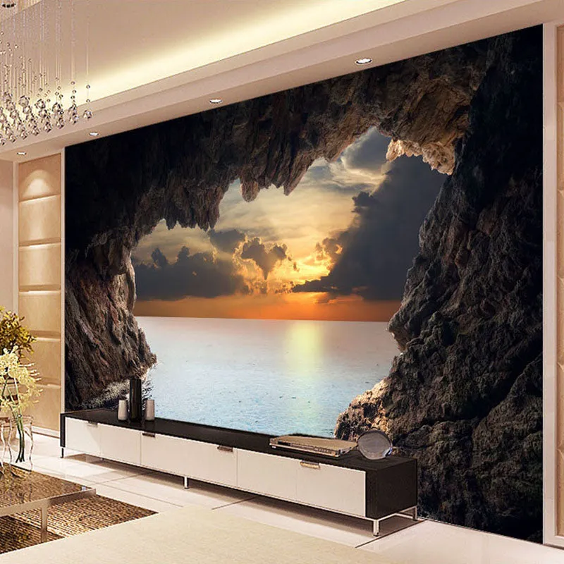 Custom Wallpaper Mural 3D Stereoscopic Cave Seascape Sunrise (㎡)