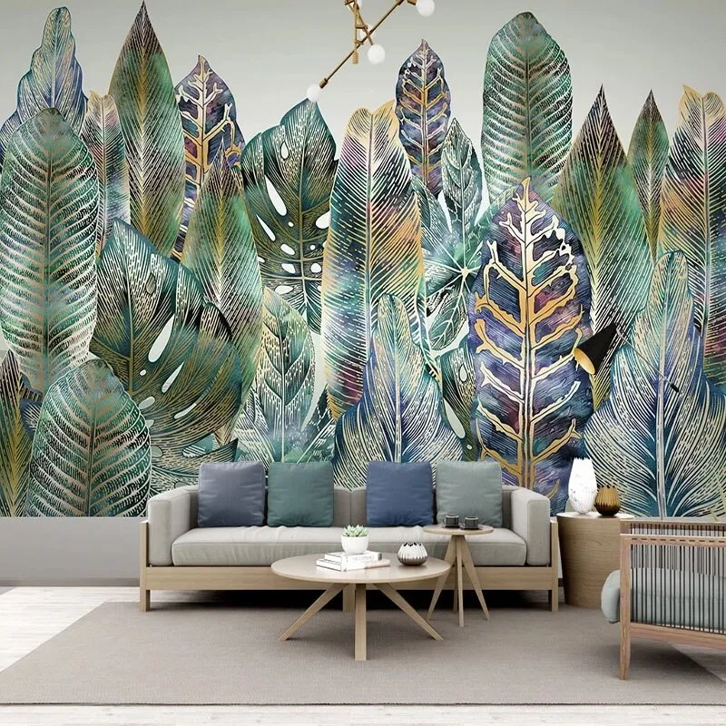 Custom Wallpaper Mural Tropical Plant Leaf Line Drawing (㎡)