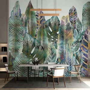 Custom Wallpaper Mural Tropical Plant Leaf Line Drawing (㎡)