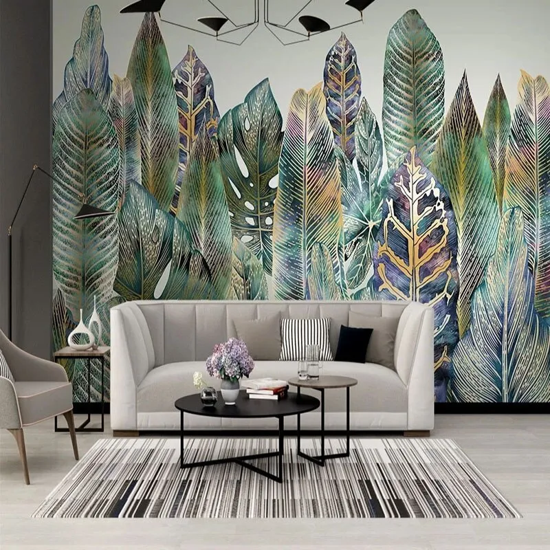 Custom Wallpaper Mural Tropical Plant Leaf Line Drawing (㎡)