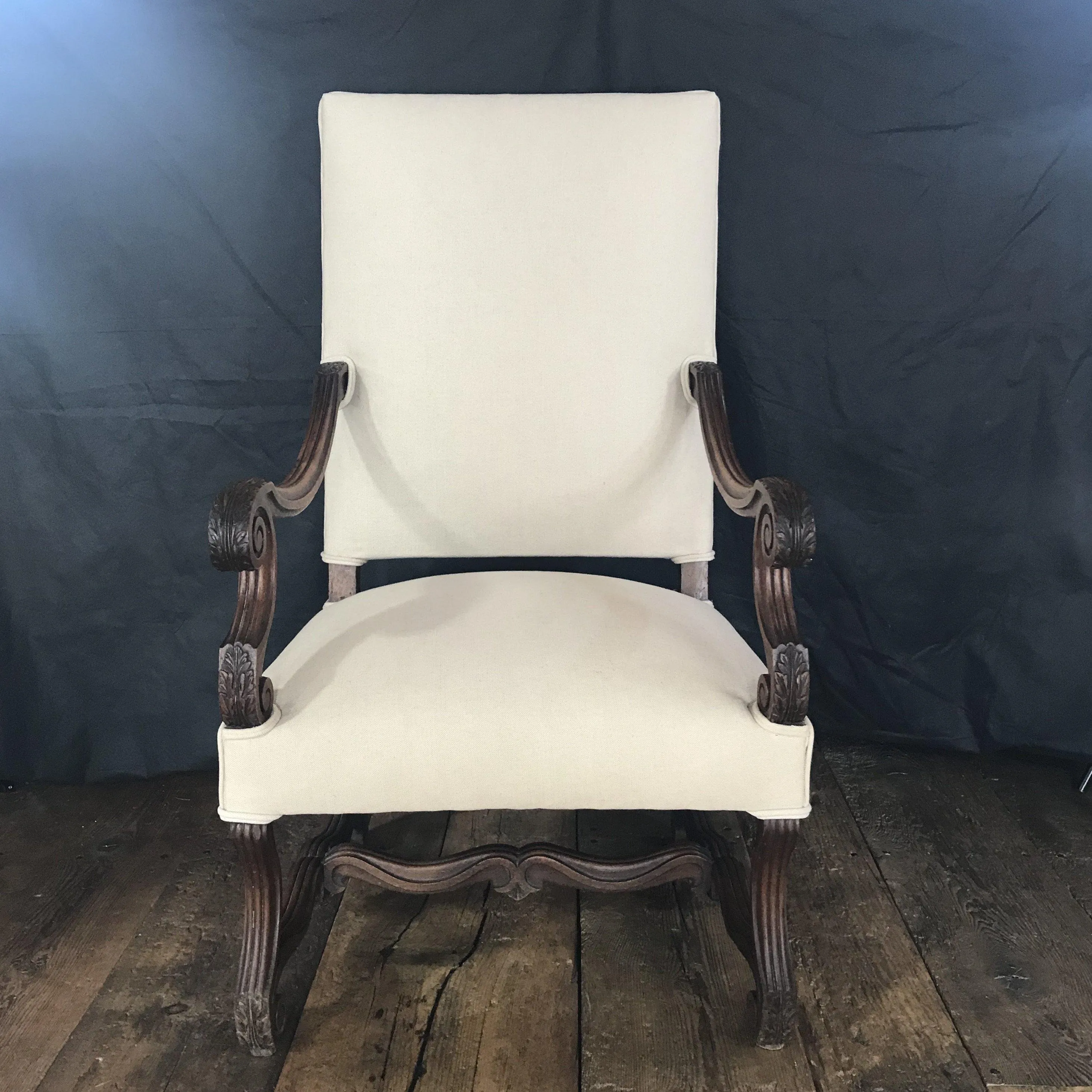 Early French Louis XV French Carved Armchair or Fauteuil Newly Upholstered in Neutral French Linen