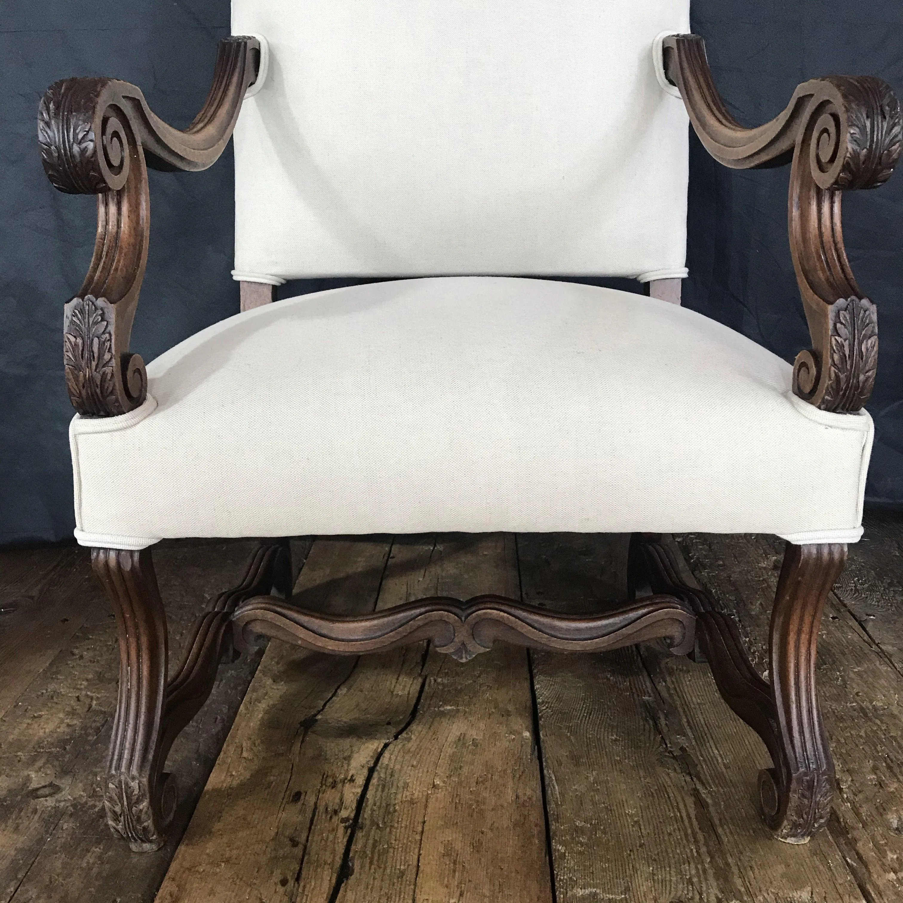 Early French Louis XV French Carved Armchair or Fauteuil Newly Upholstered in Neutral French Linen