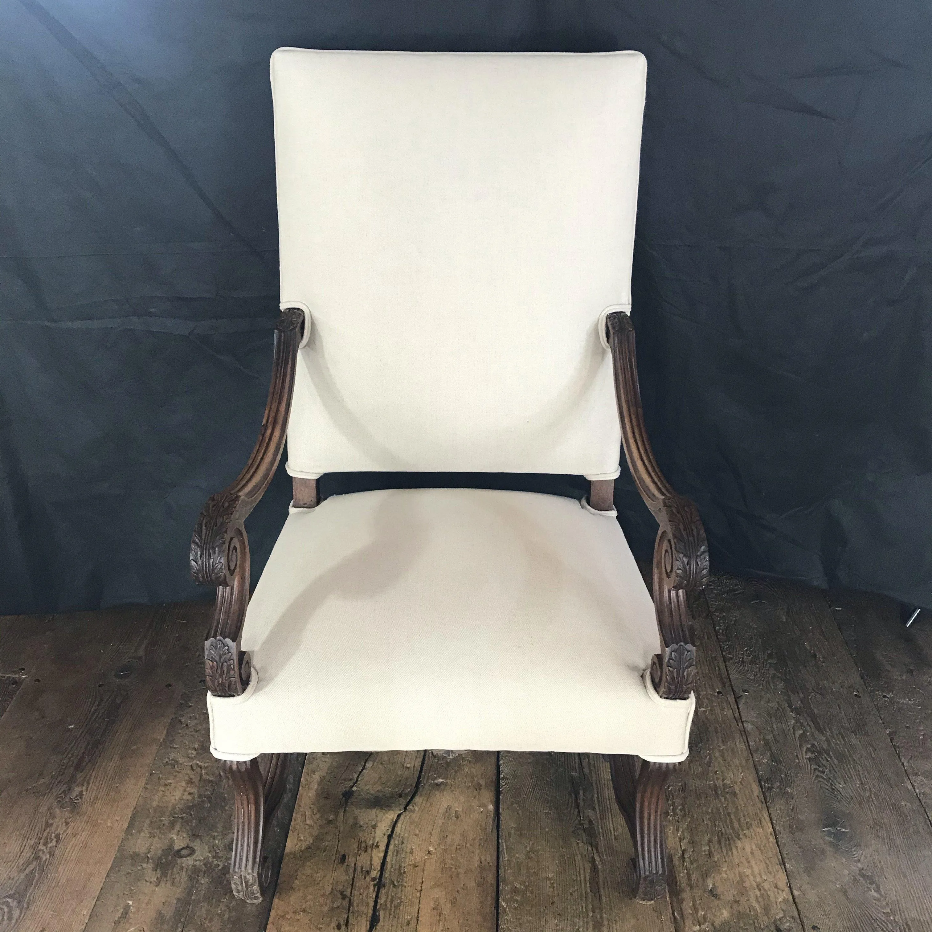 Early French Louis XV French Carved Armchair or Fauteuil Newly Upholstered in Neutral French Linen