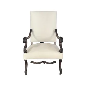 Early French Louis XV French Carved Armchair or Fauteuil Newly Upholstered in Neutral French Linen