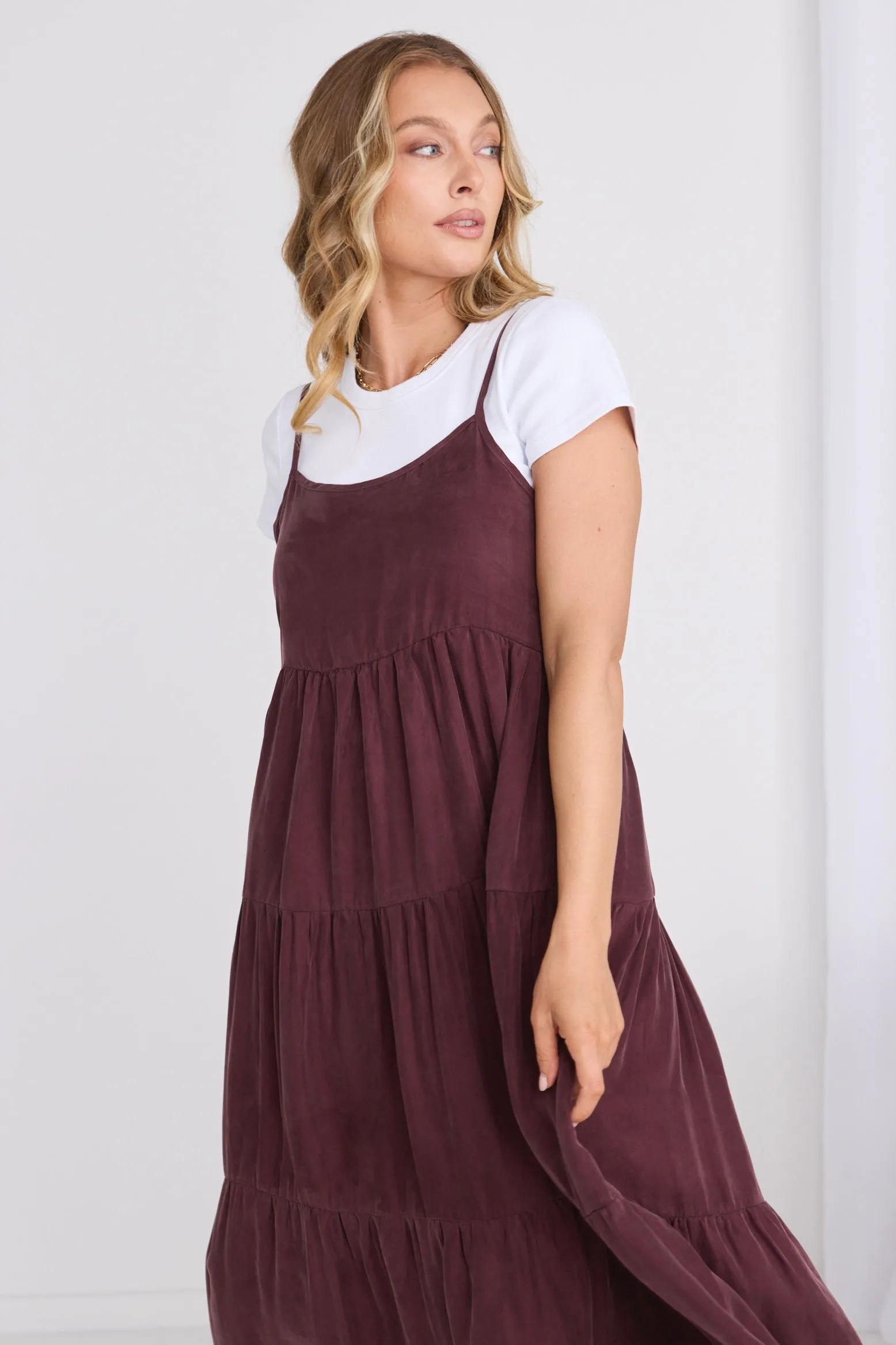 Eden Raisin Cupro Strappy Tiered Empire Midi Dress