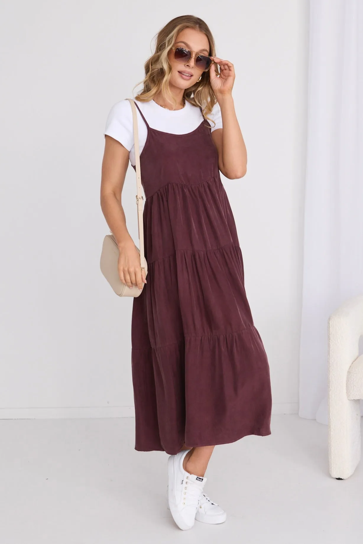 Eden Raisin Cupro Strappy Tiered Empire Midi Dress