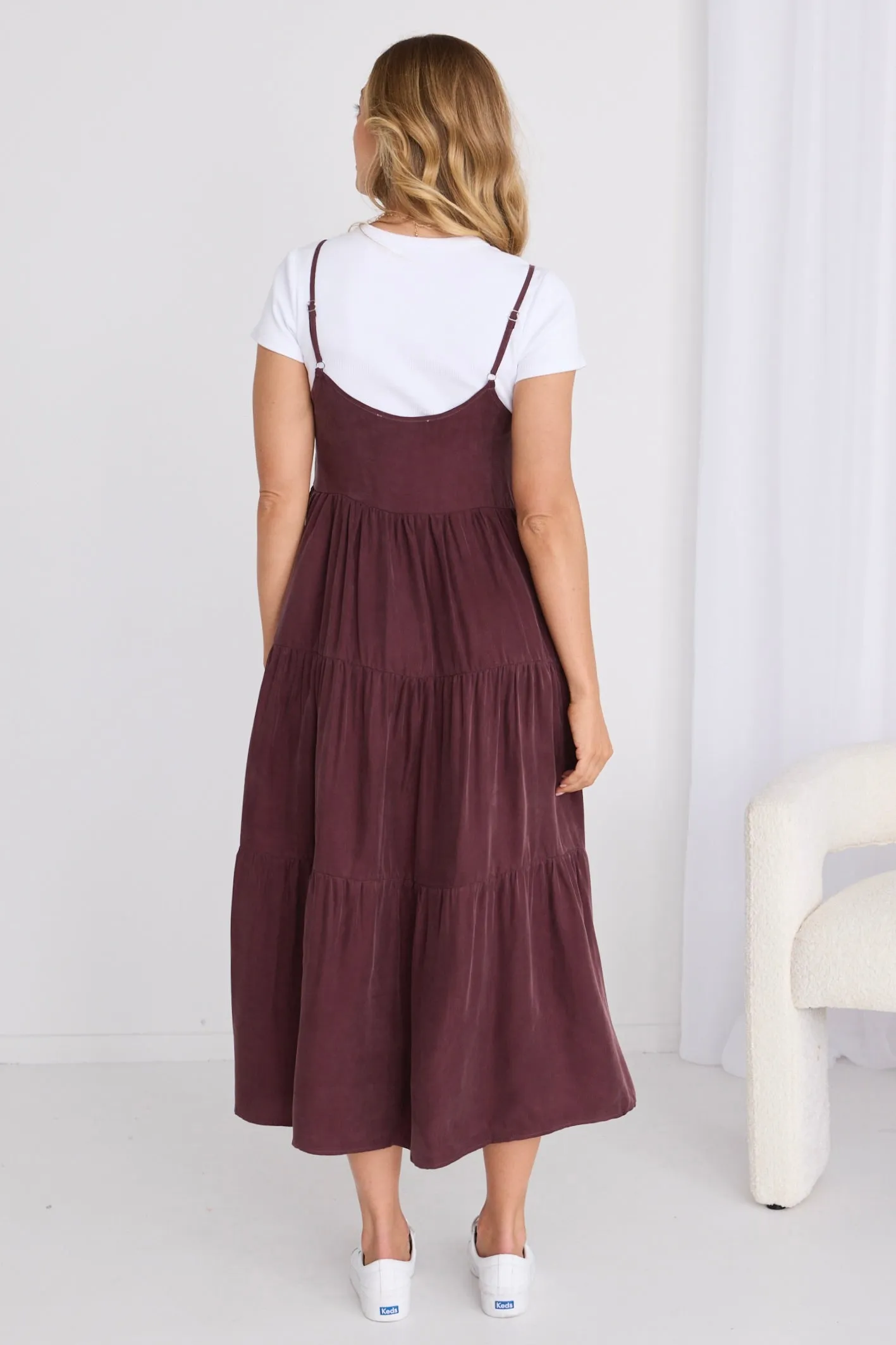 Eden Raisin Cupro Strappy Tiered Empire Midi Dress