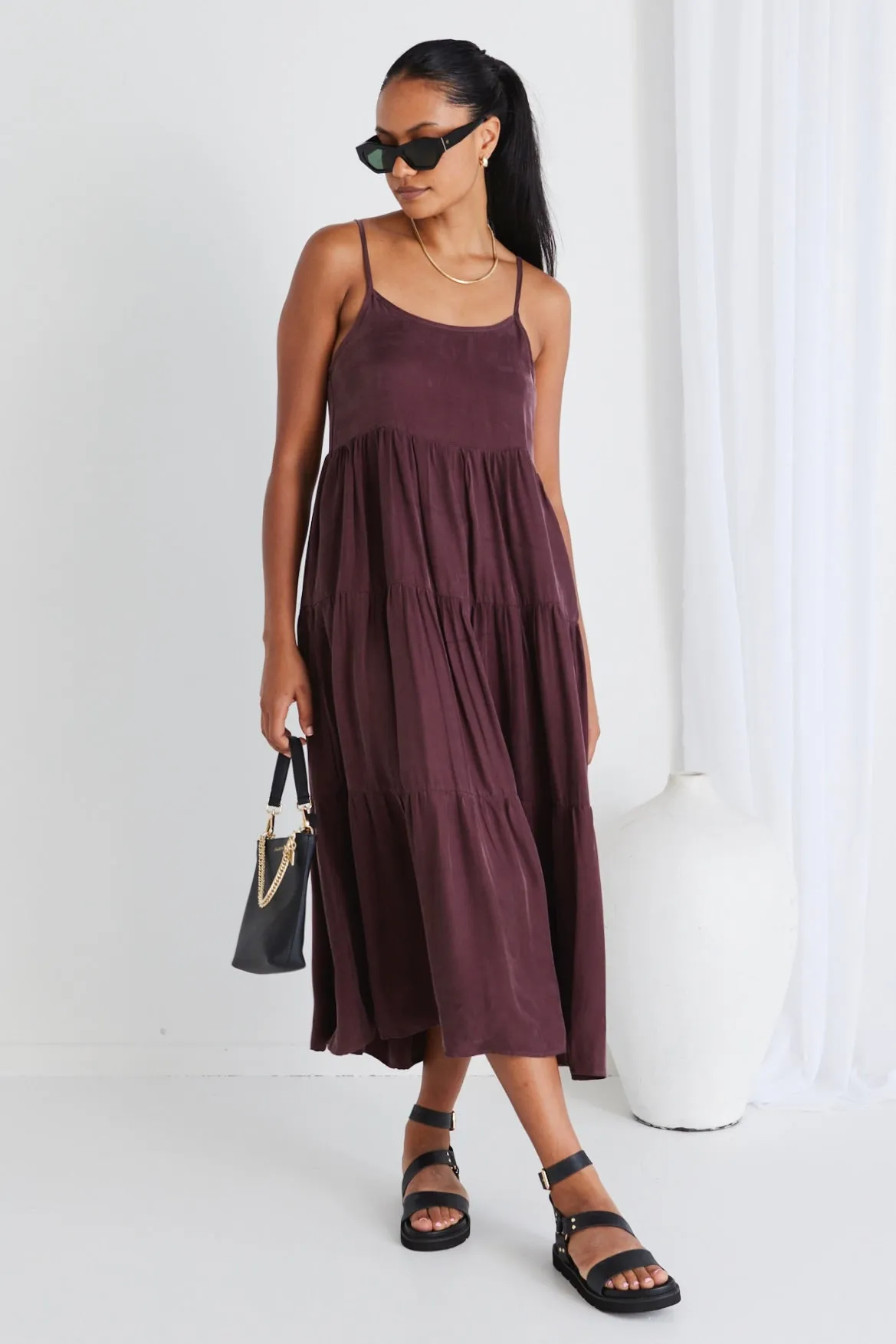 Eden Raisin Cupro Strappy Tiered Empire Midi Dress