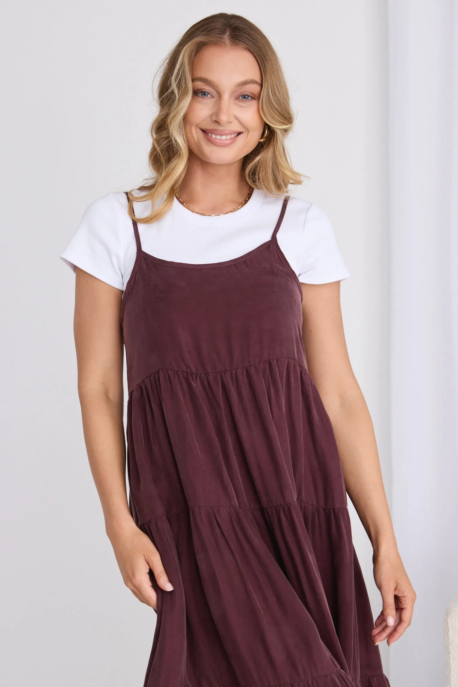 Eden Raisin Cupro Strappy Tiered Empire Midi Dress