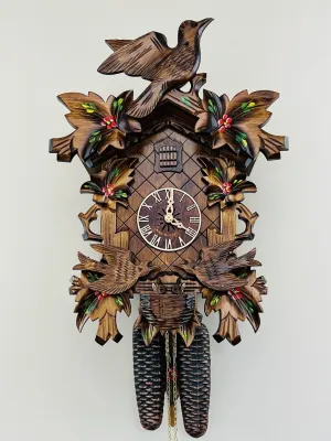 Eight Day Cuckoo Clock with Hand-painted Flowers, Leaves, and Animated Birds Feeding Baby Birds