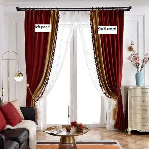 Ethan American Spliced Luxury Velvet Curtains: Red-Beige