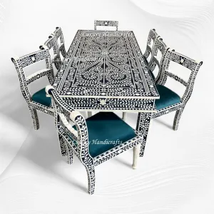 Floral Bone Inlay 8 Seater Dining Table Set Navy Blue