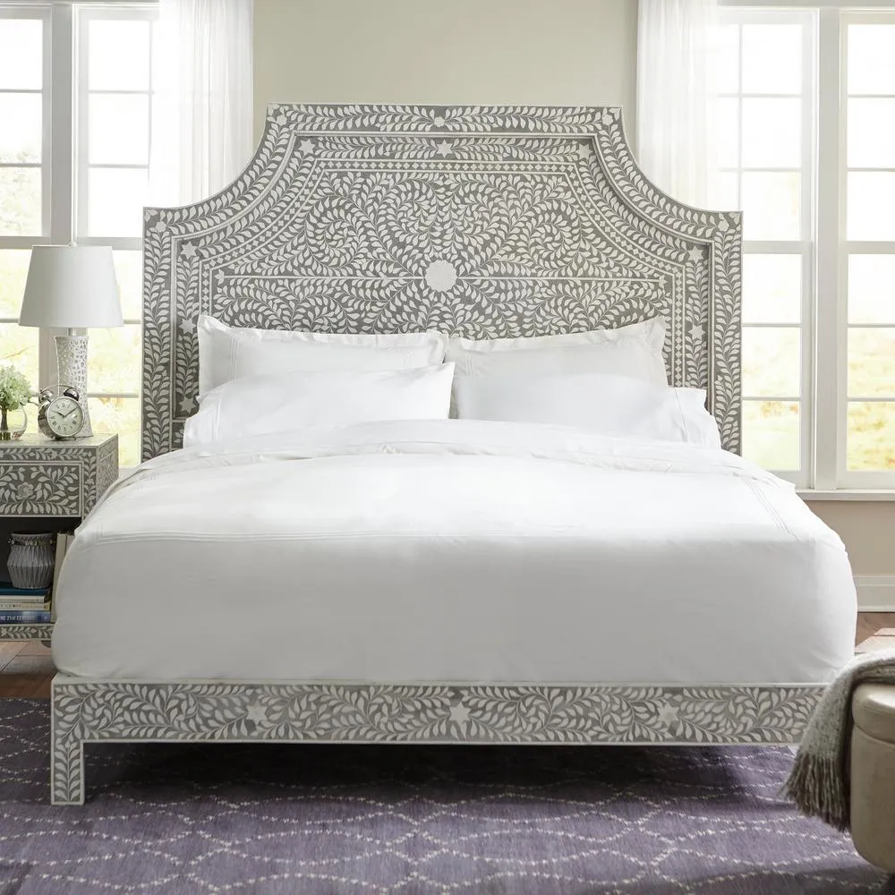 Floral Bone Inlay King Bed In Grey