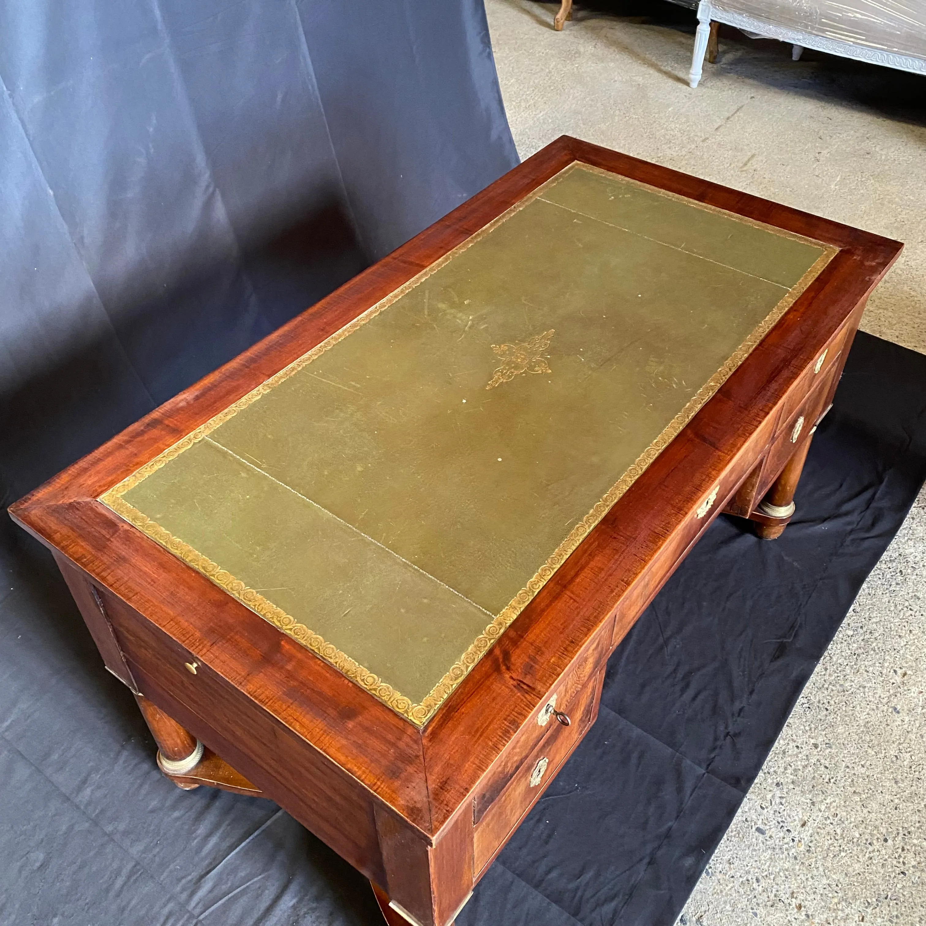 French 19th Century Empire Mahogany Writing Desk with Embossed Leather Writing Surface