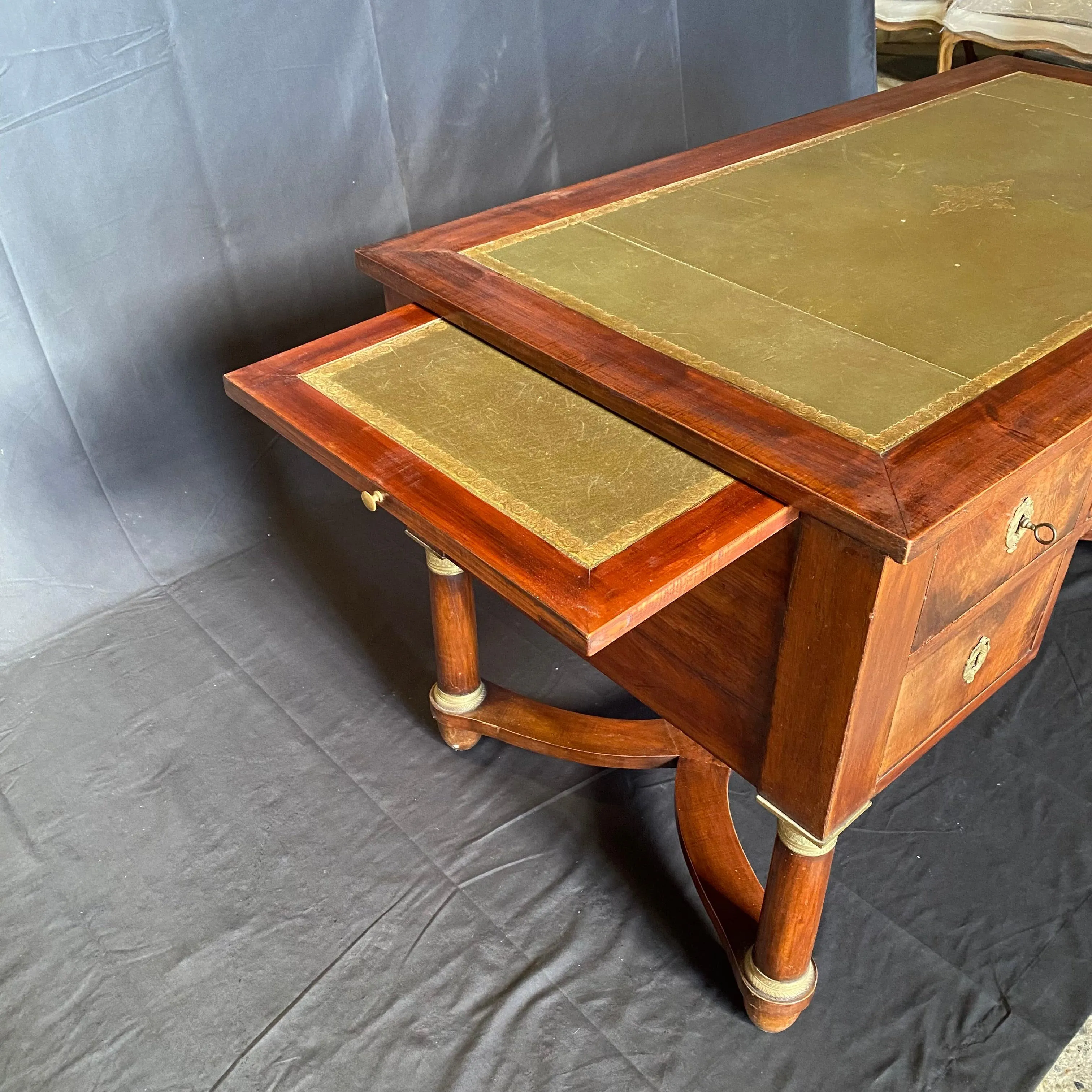 French 19th Century Empire Mahogany Writing Desk with Embossed Leather Writing Surface