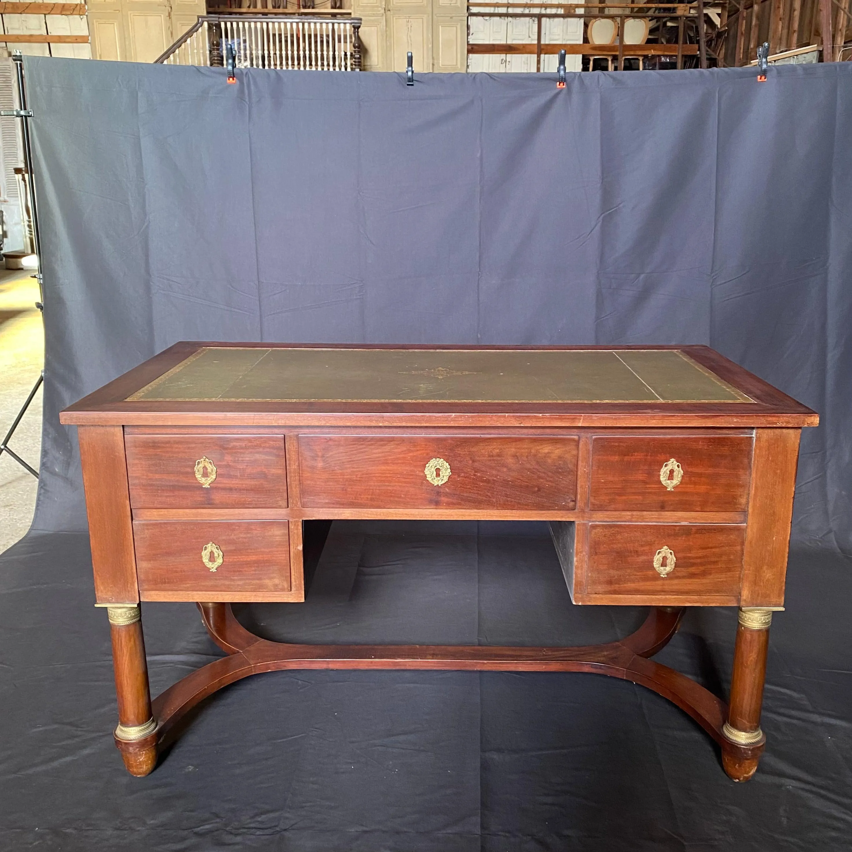 French 19th Century Empire Mahogany Writing Desk with Embossed Leather Writing Surface