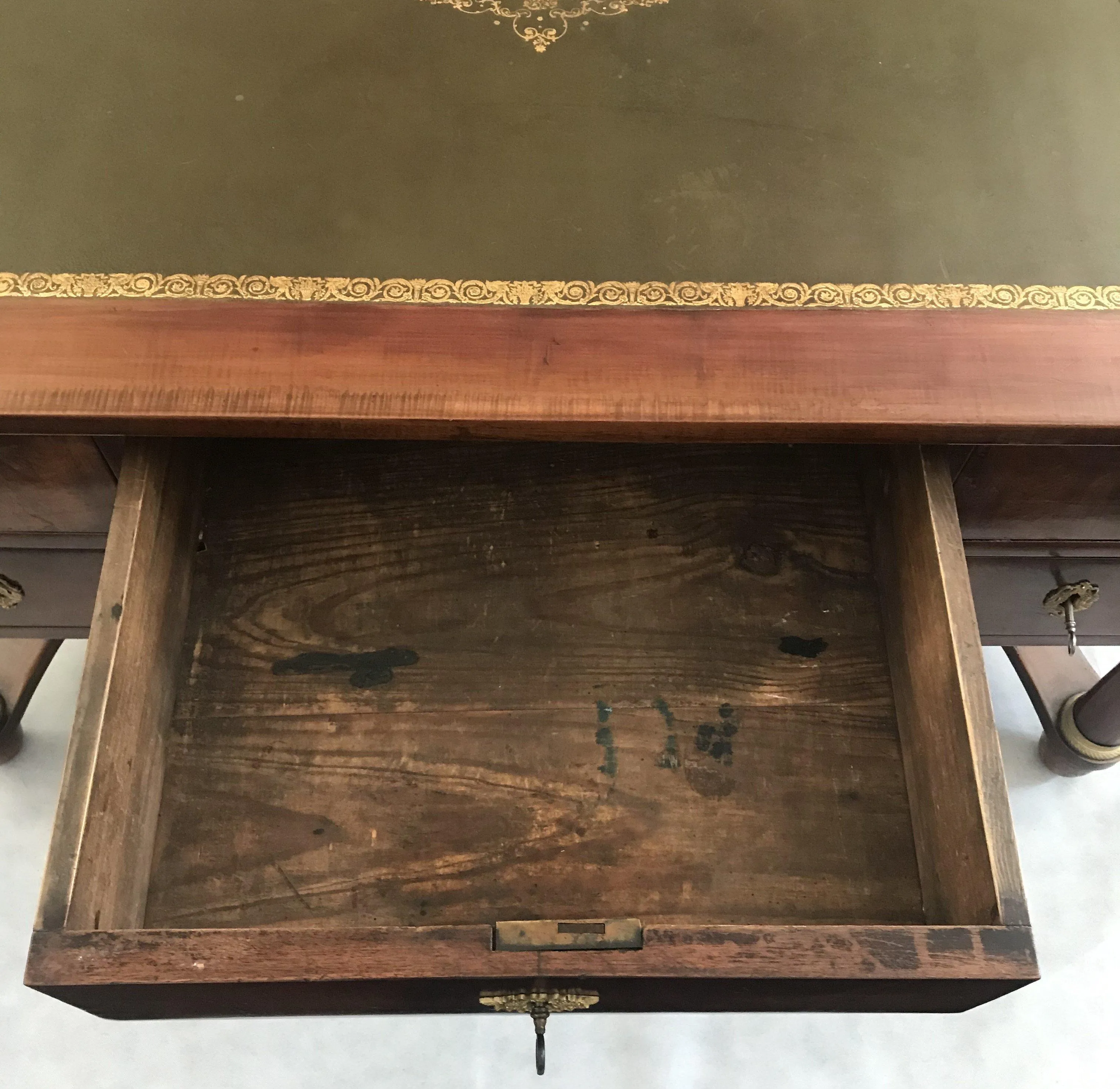 French 19th Century Empire Mahogany Writing Desk with Embossed Leather Writing Surface