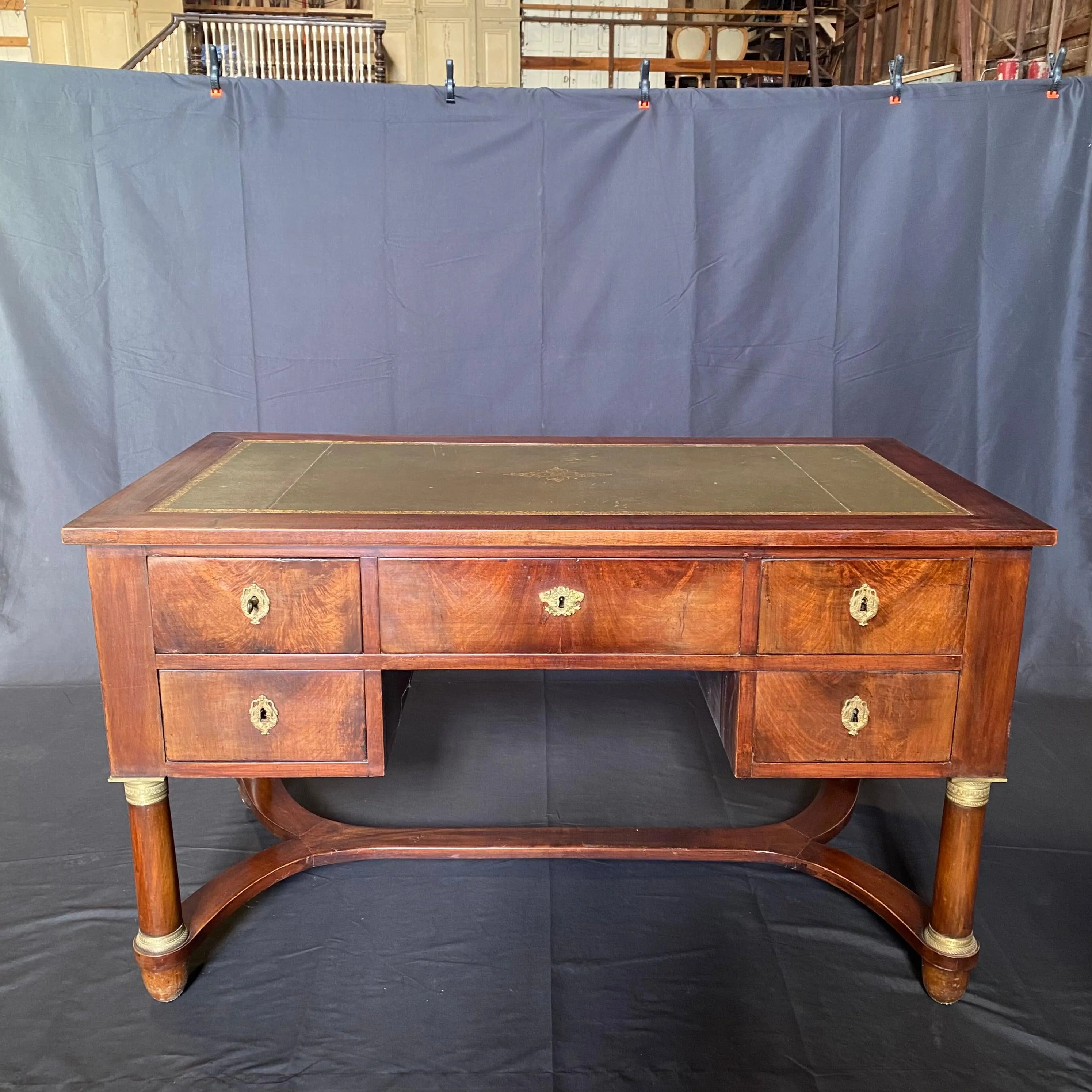 French 19th Century Empire Mahogany Writing Desk with Embossed Leather Writing Surface