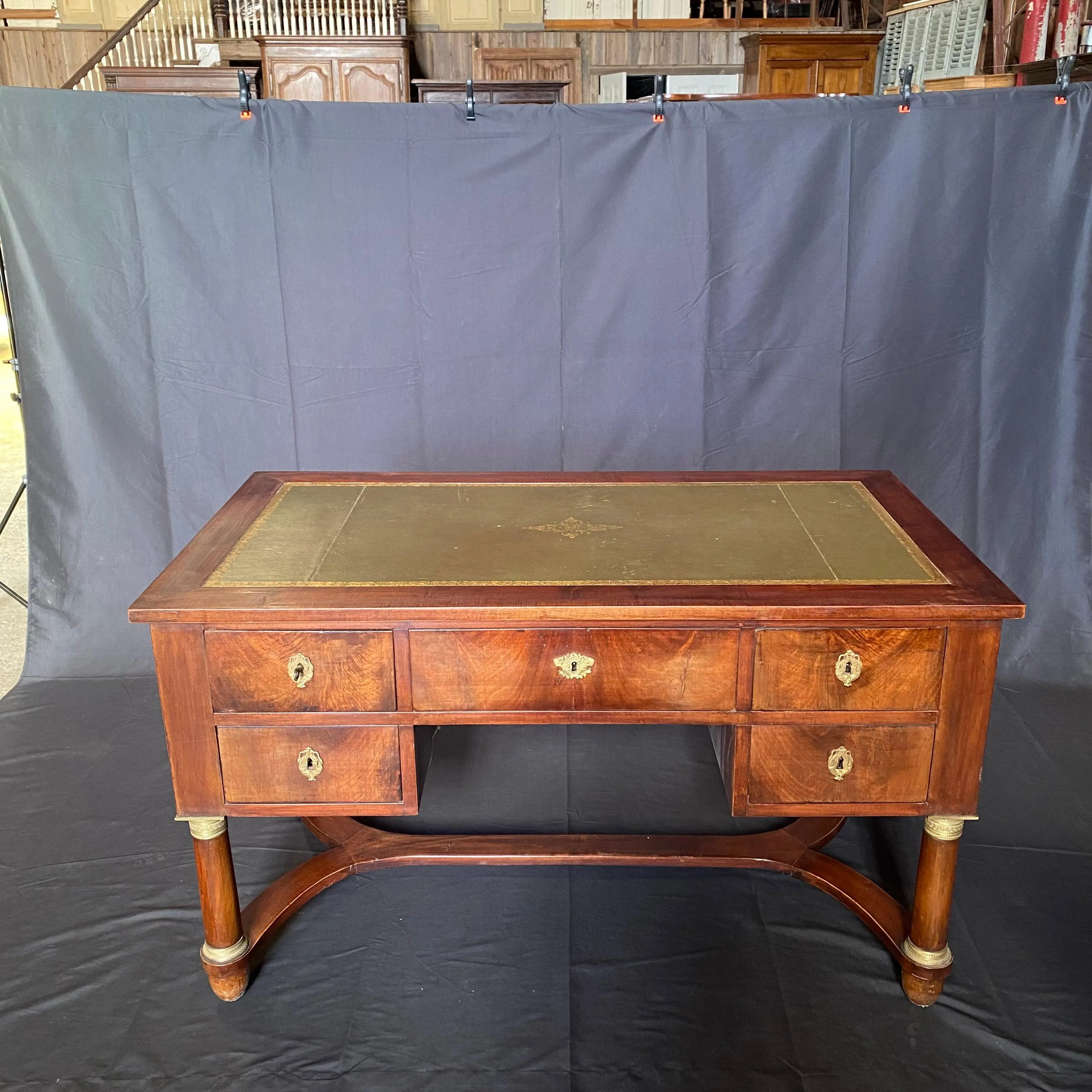 French 19th Century Empire Mahogany Writing Desk with Embossed Leather Writing Surface