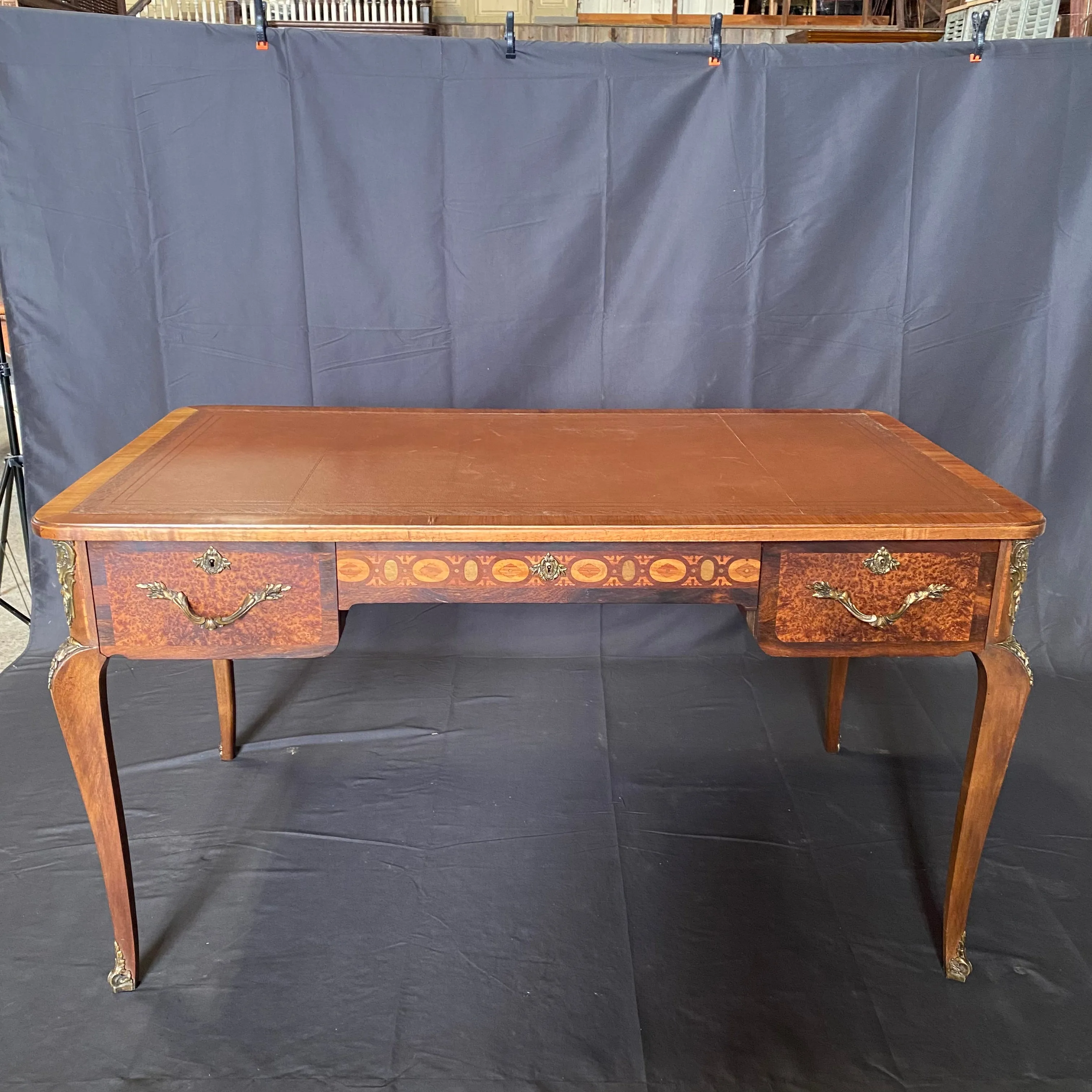 French 19th Century Leather Top Louis XV Style Writing Desk or Bureau Plat