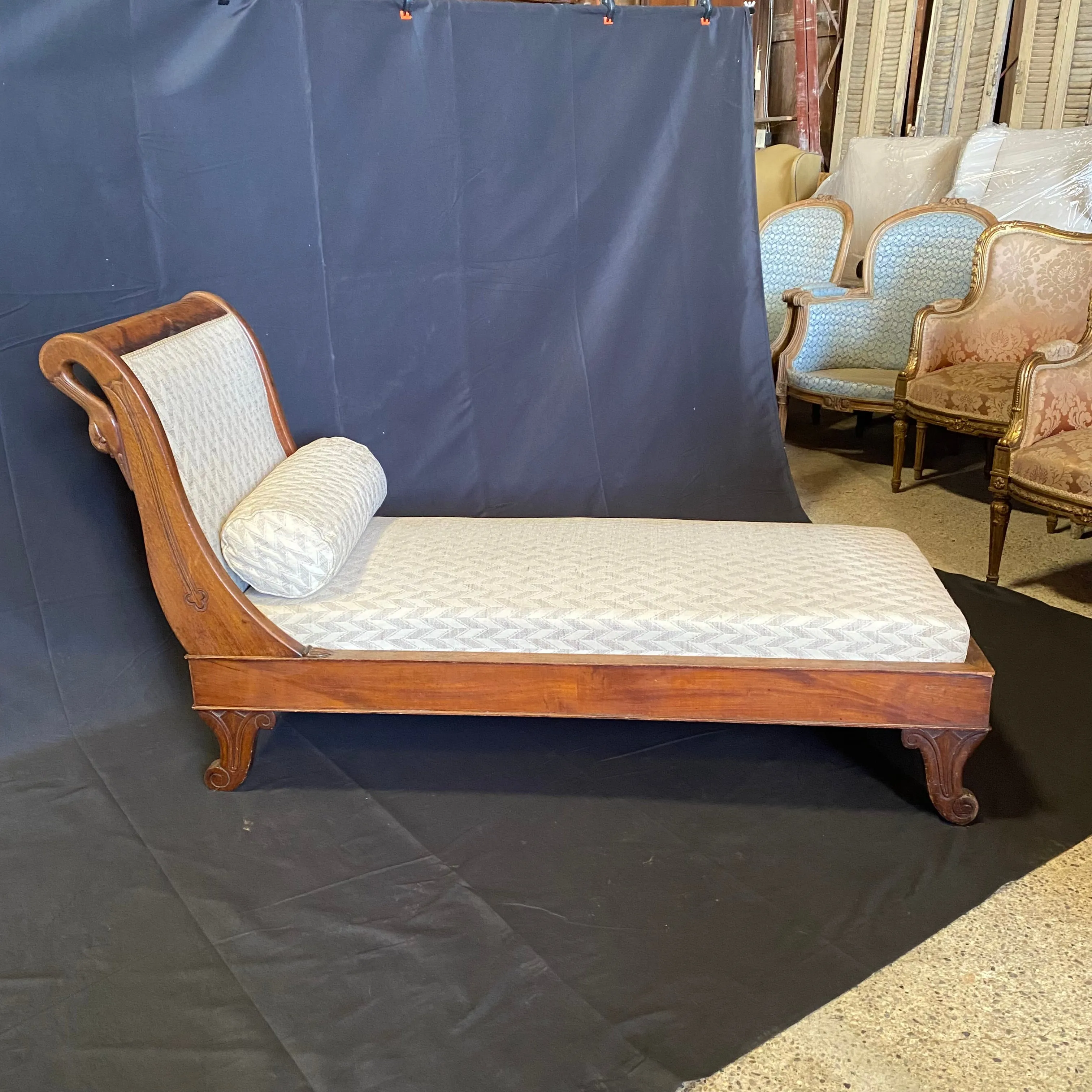 French Antique Swan Neck Recamier Chaise Lounge Sofa