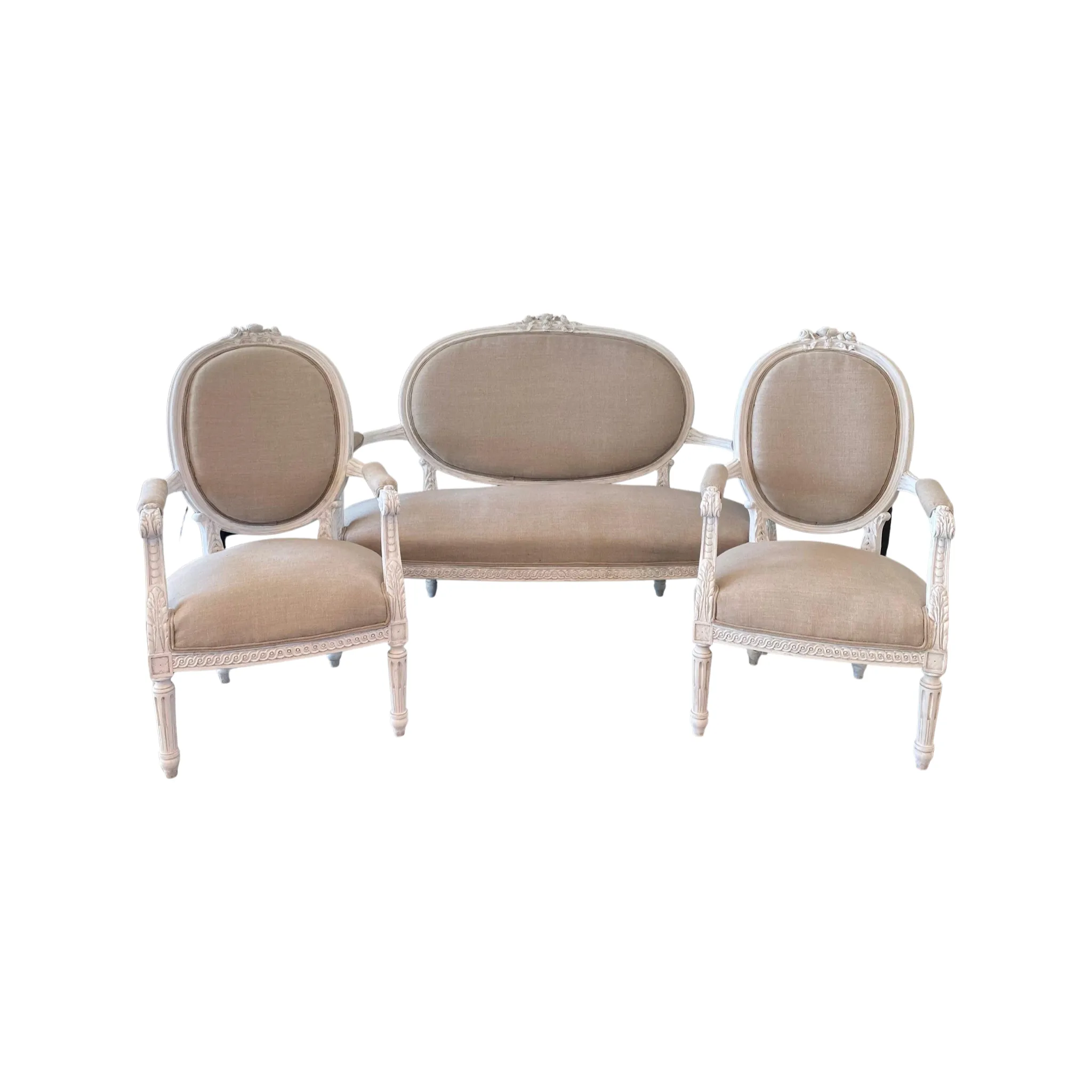 French Louis XVI Belle Epoque Parlor or Salon Set - Loveseat Sofa and Two Fauteuils Armchairs