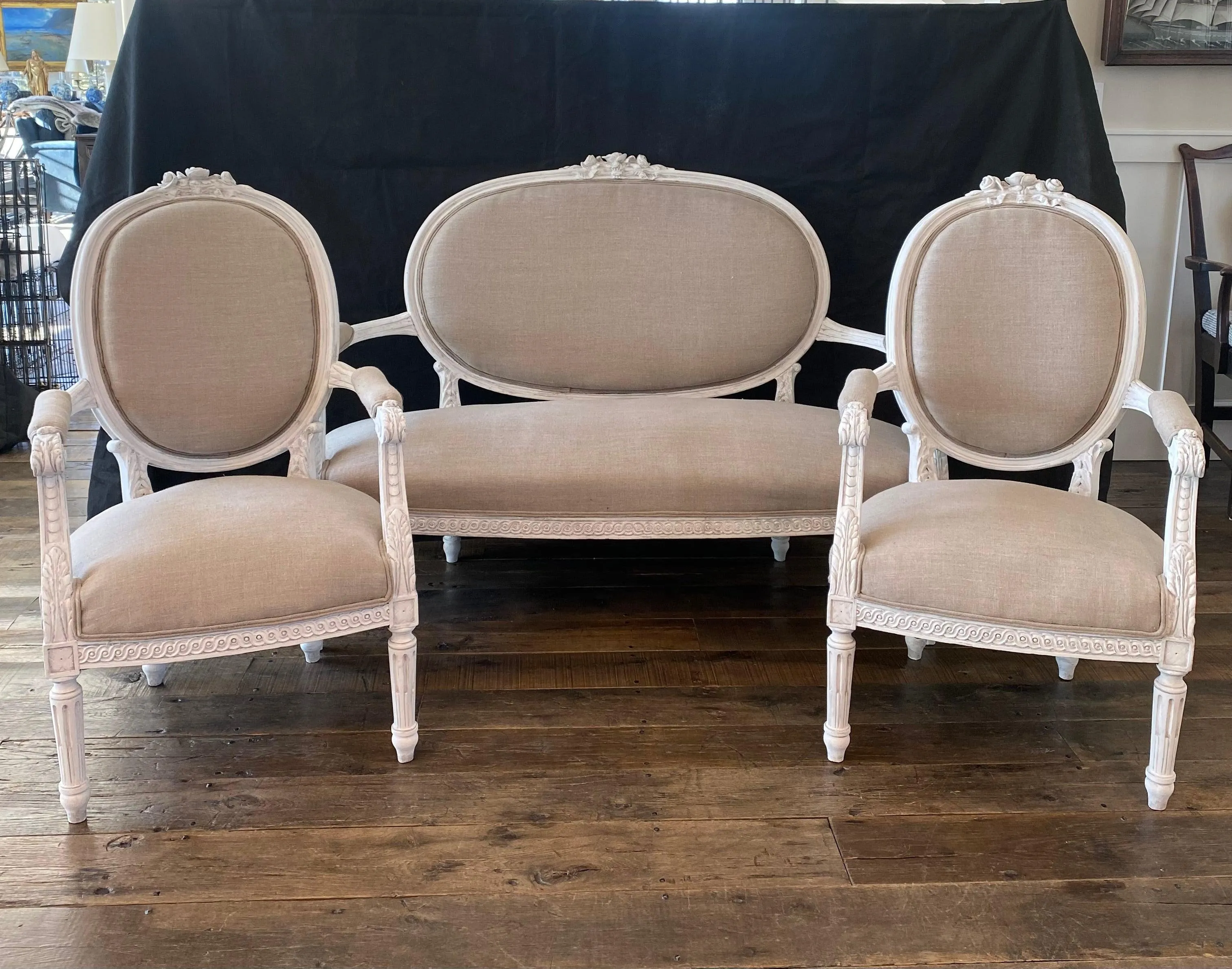 French Louis XVI Belle Epoque Parlor or Salon Set - Loveseat Sofa and Two Fauteuils Armchairs