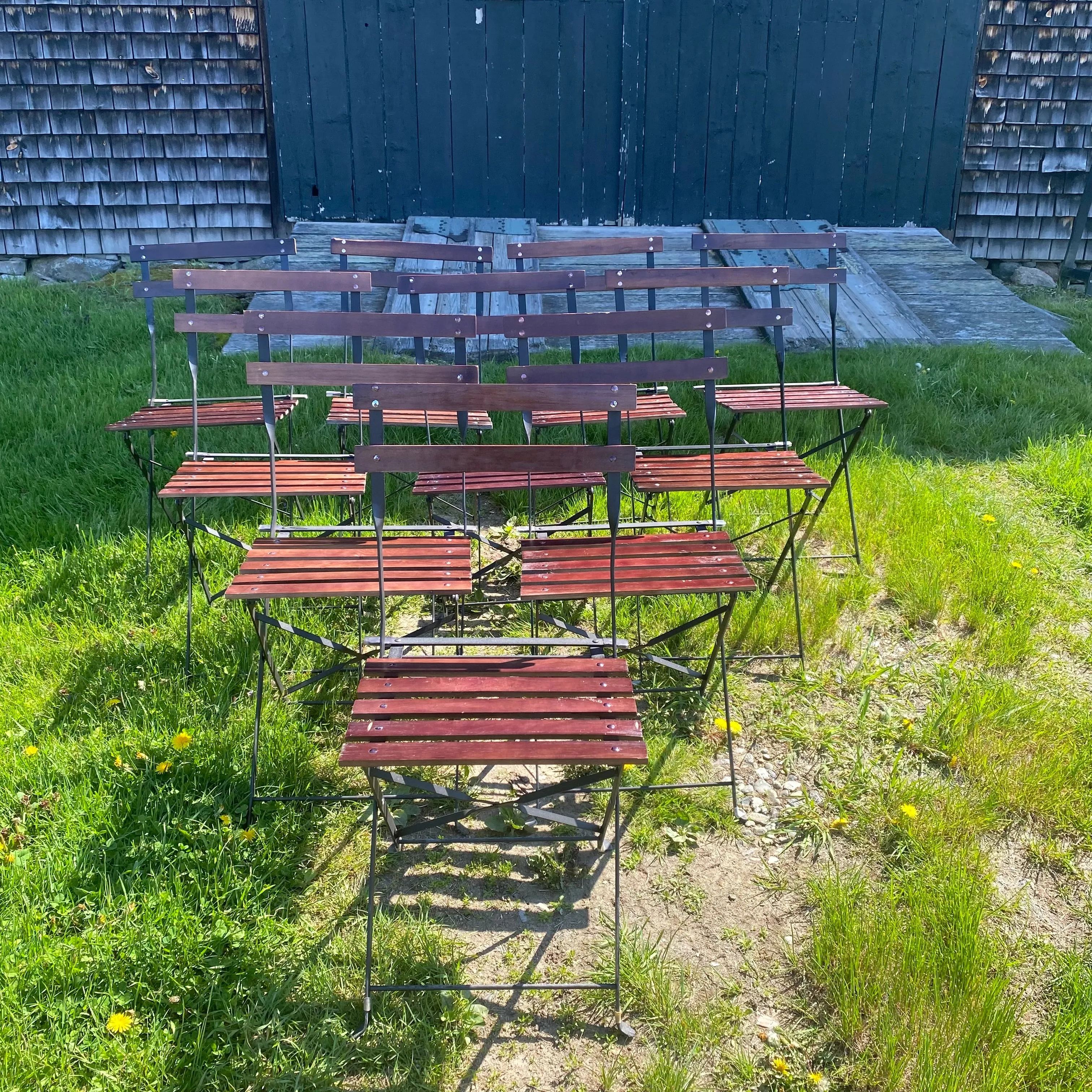 French Style Iron and Slatted Wood Cafe or Bistro Table Folding Garden or Dining Chairs