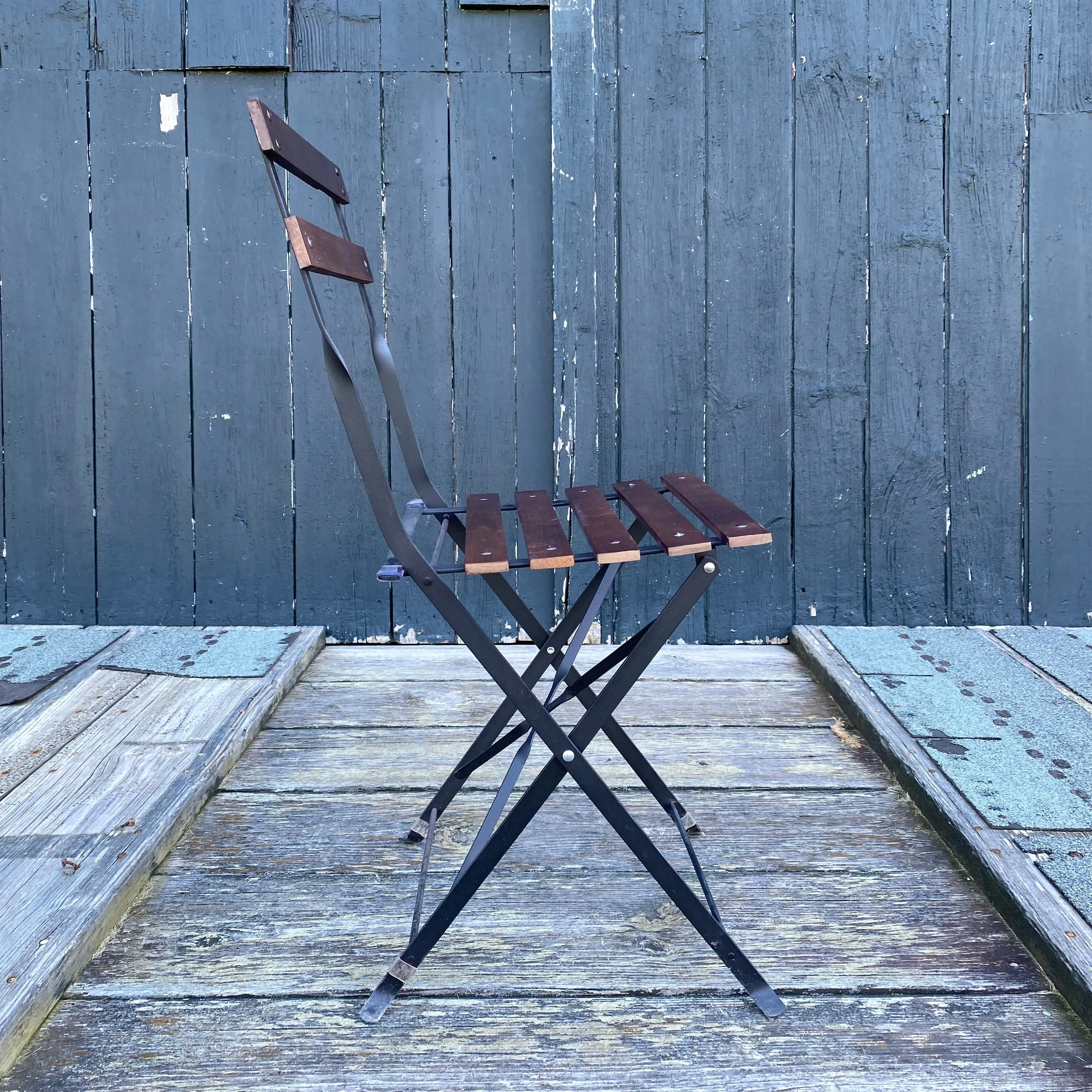 French Style Iron and Slatted Wood Cafe or Bistro Table Folding Garden or Dining Chairs