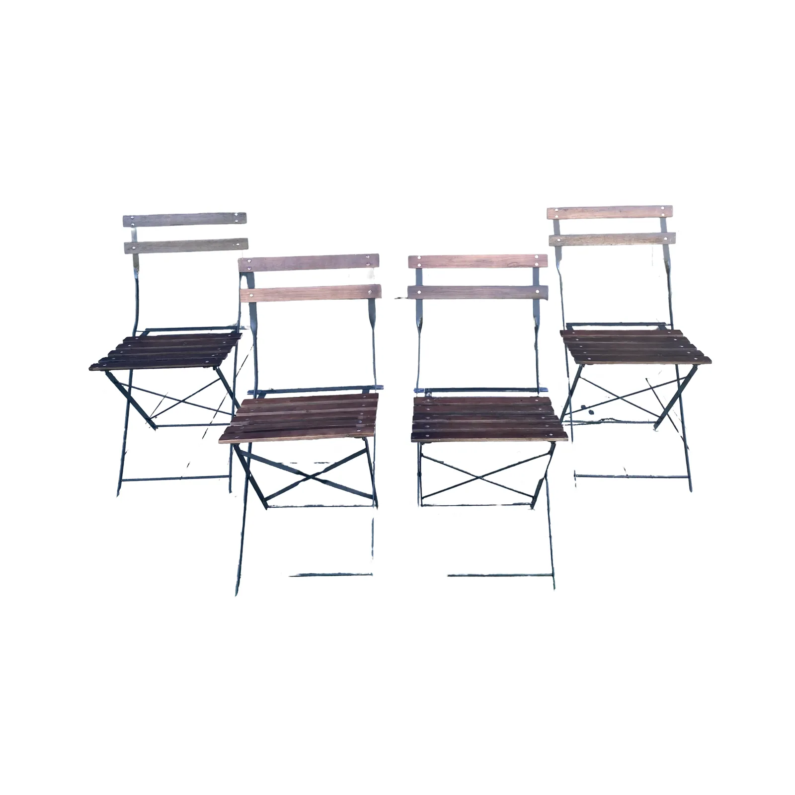 French Style Iron and Slatted Wood Cafe or Bistro Table Folding Garden or Dining Chairs