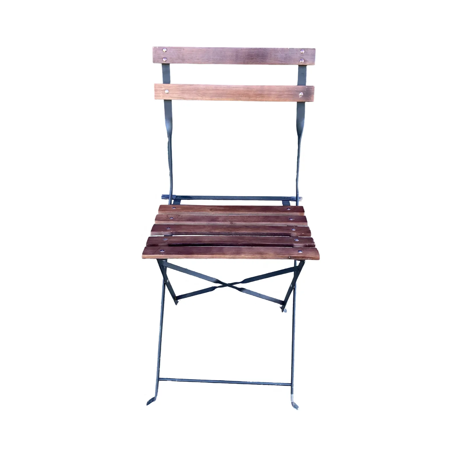 French Style Iron and Slatted Wood Cafe or Bistro Table Folding Garden or Dining Chairs