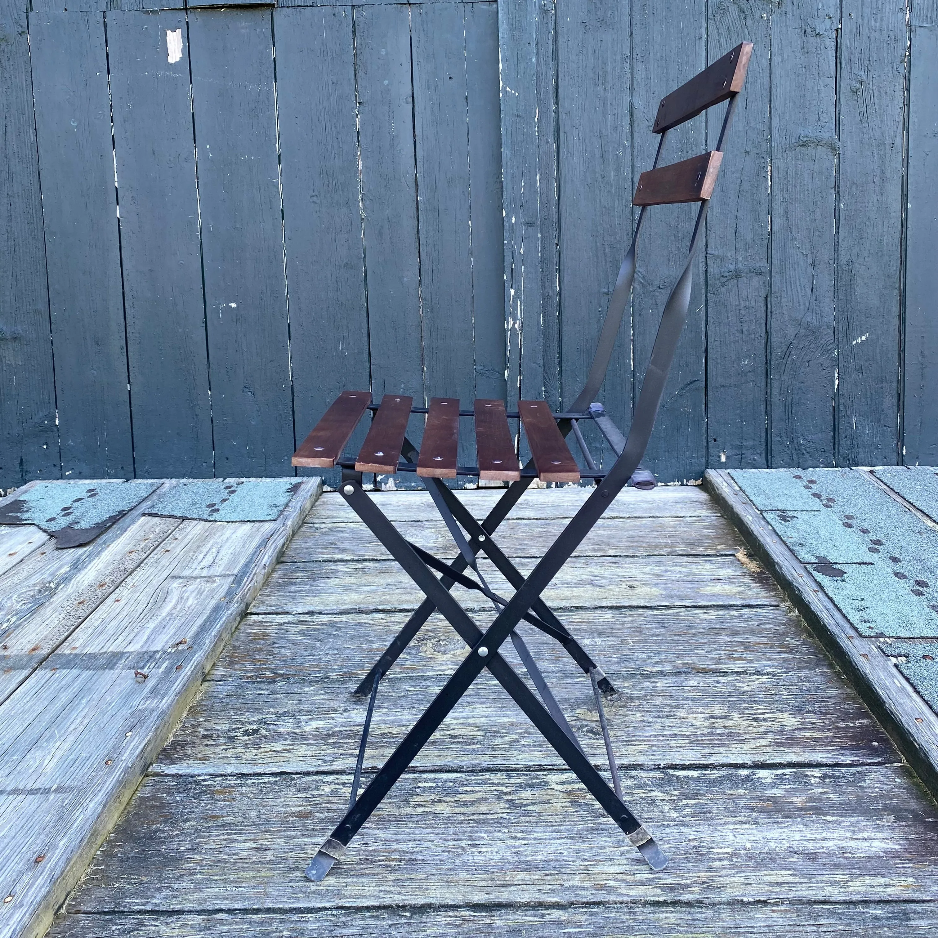 French Style Iron and Slatted Wood Cafe or Bistro Table Folding Garden or Dining Chairs