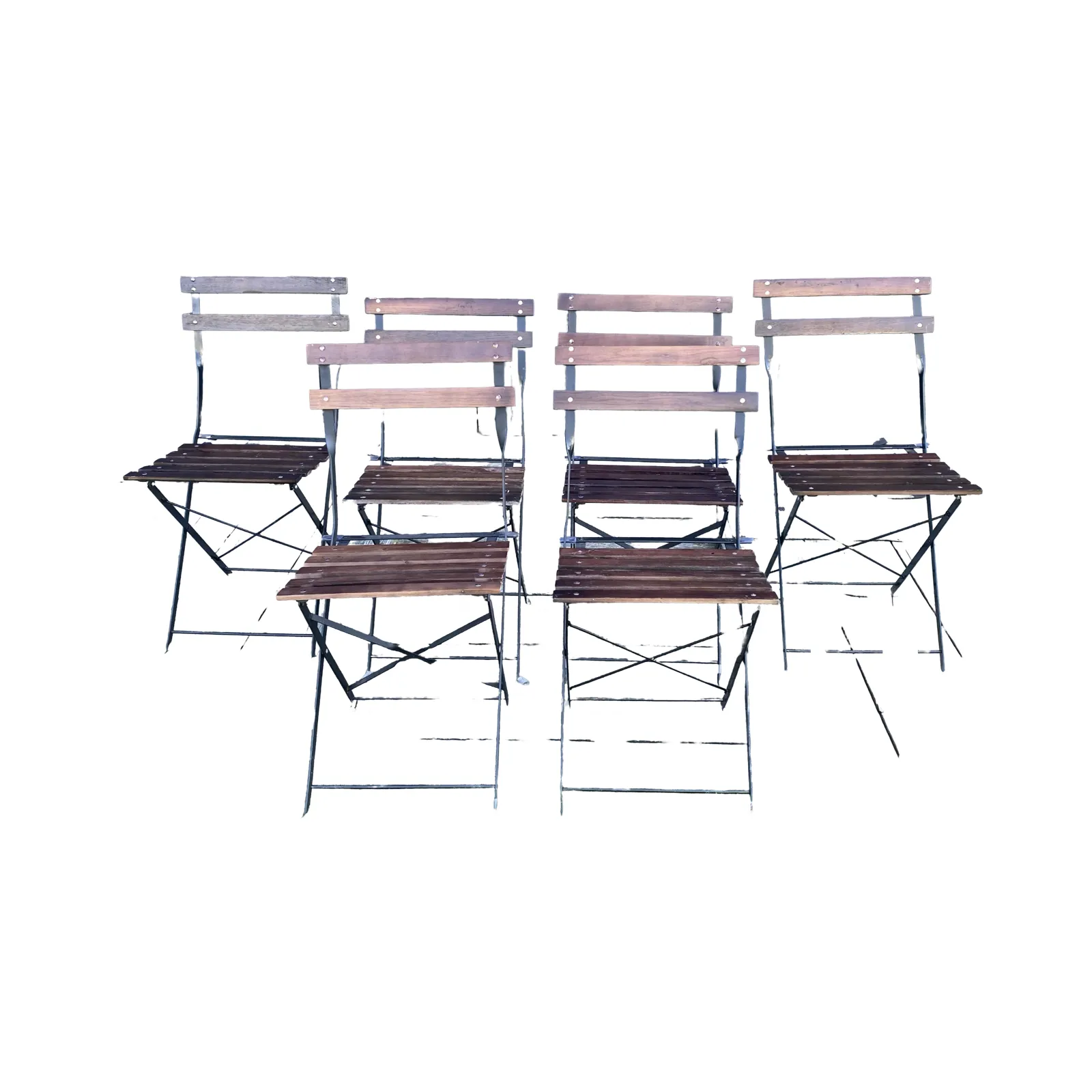 French Style Iron and Slatted Wood Cafe or Bistro Table Folding Garden or Dining Chairs