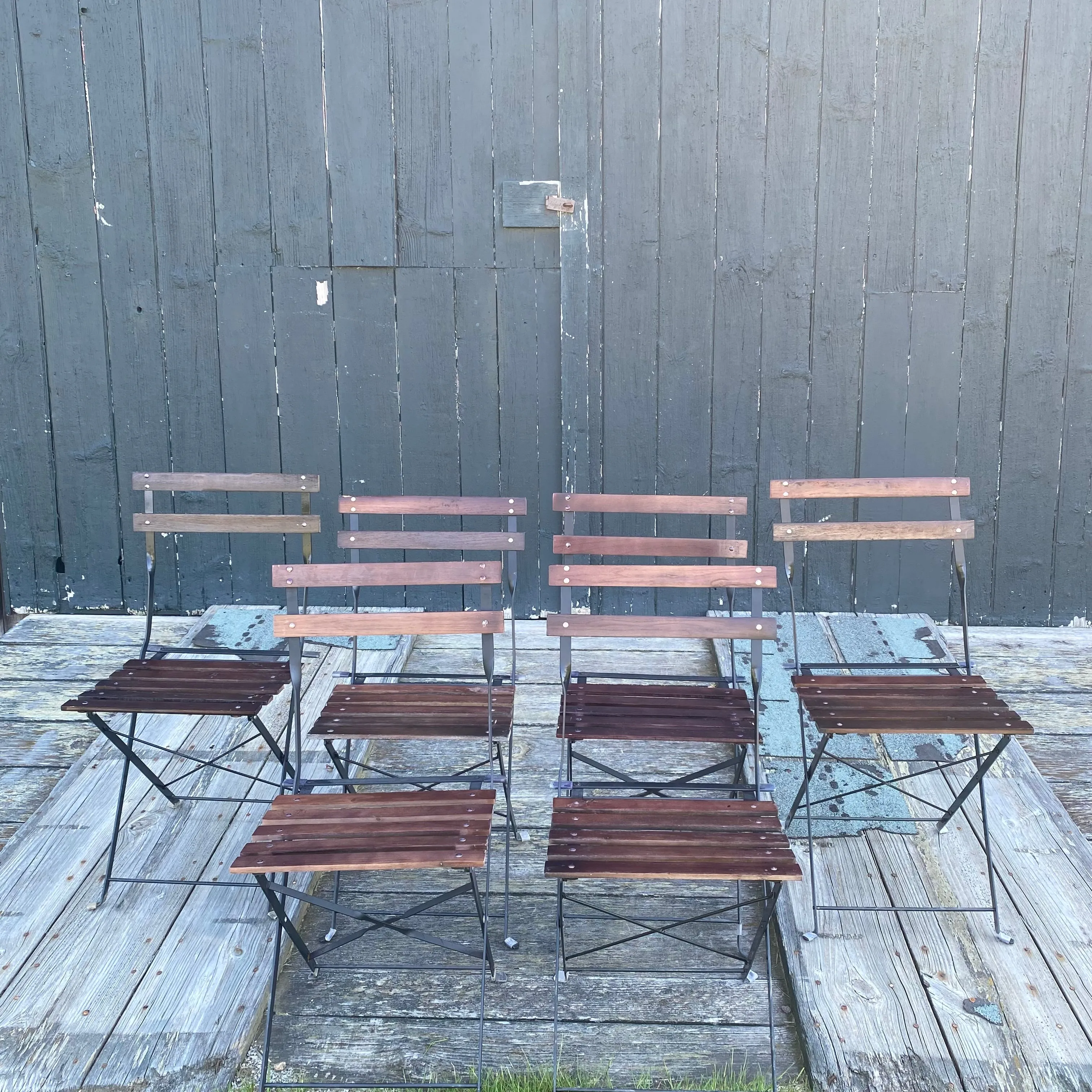 French Style Iron and Slatted Wood Cafe or Bistro Table Folding Garden or Dining Chairs