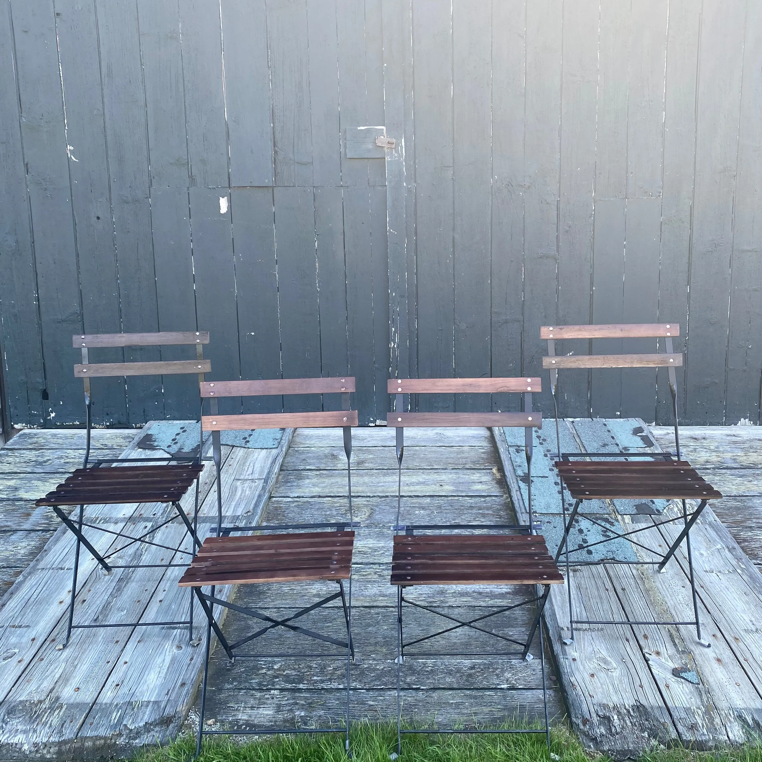 French Style Iron and Slatted Wood Cafe or Bistro Table Folding Garden or Dining Chairs