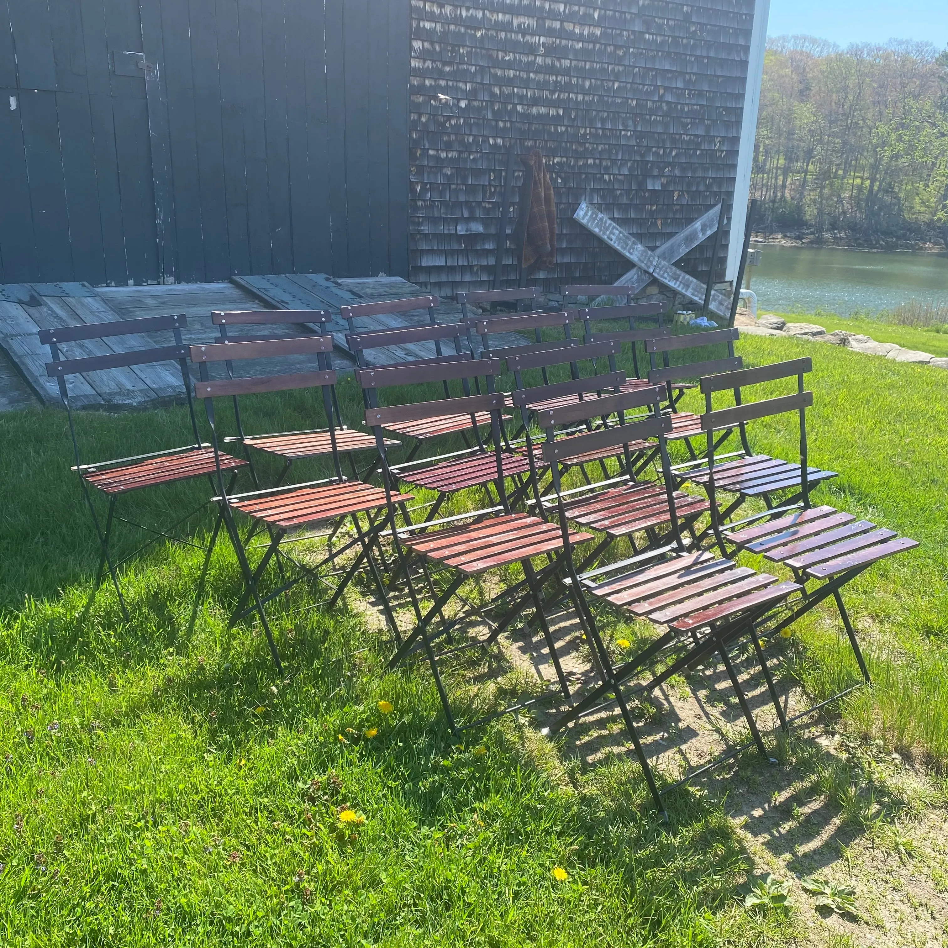 French Style Iron and Slatted Wood Cafe or Bistro Table Folding Garden or Dining Chairs