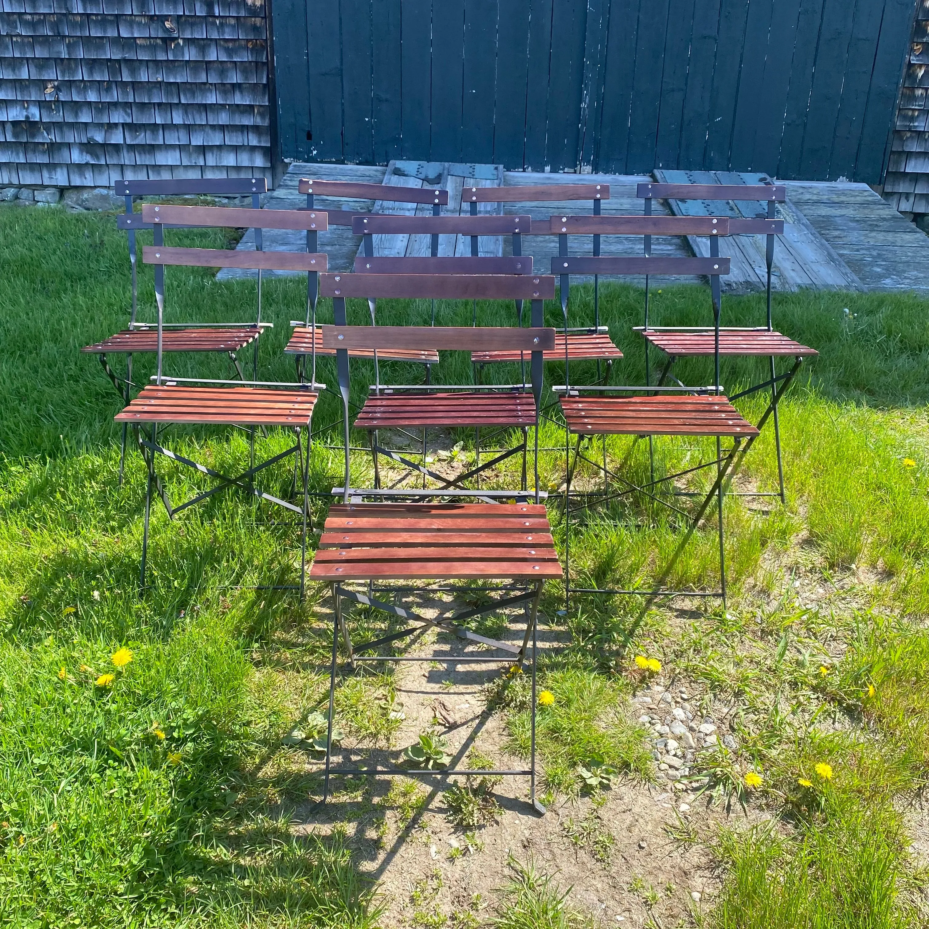 French Style Iron and Slatted Wood Cafe or Bistro Table Folding Garden or Dining Chairs