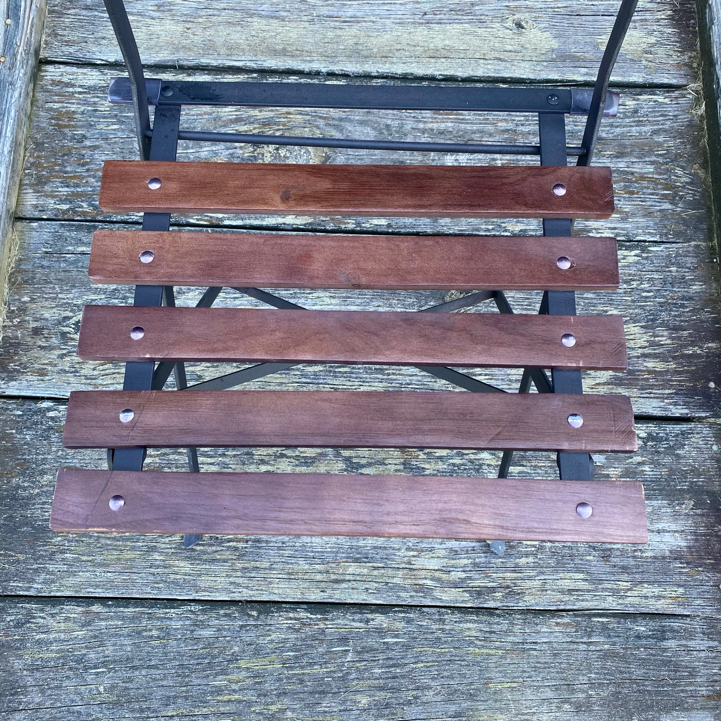 French Style Iron and Slatted Wood Cafe or Bistro Table Folding Garden or Dining Chairs