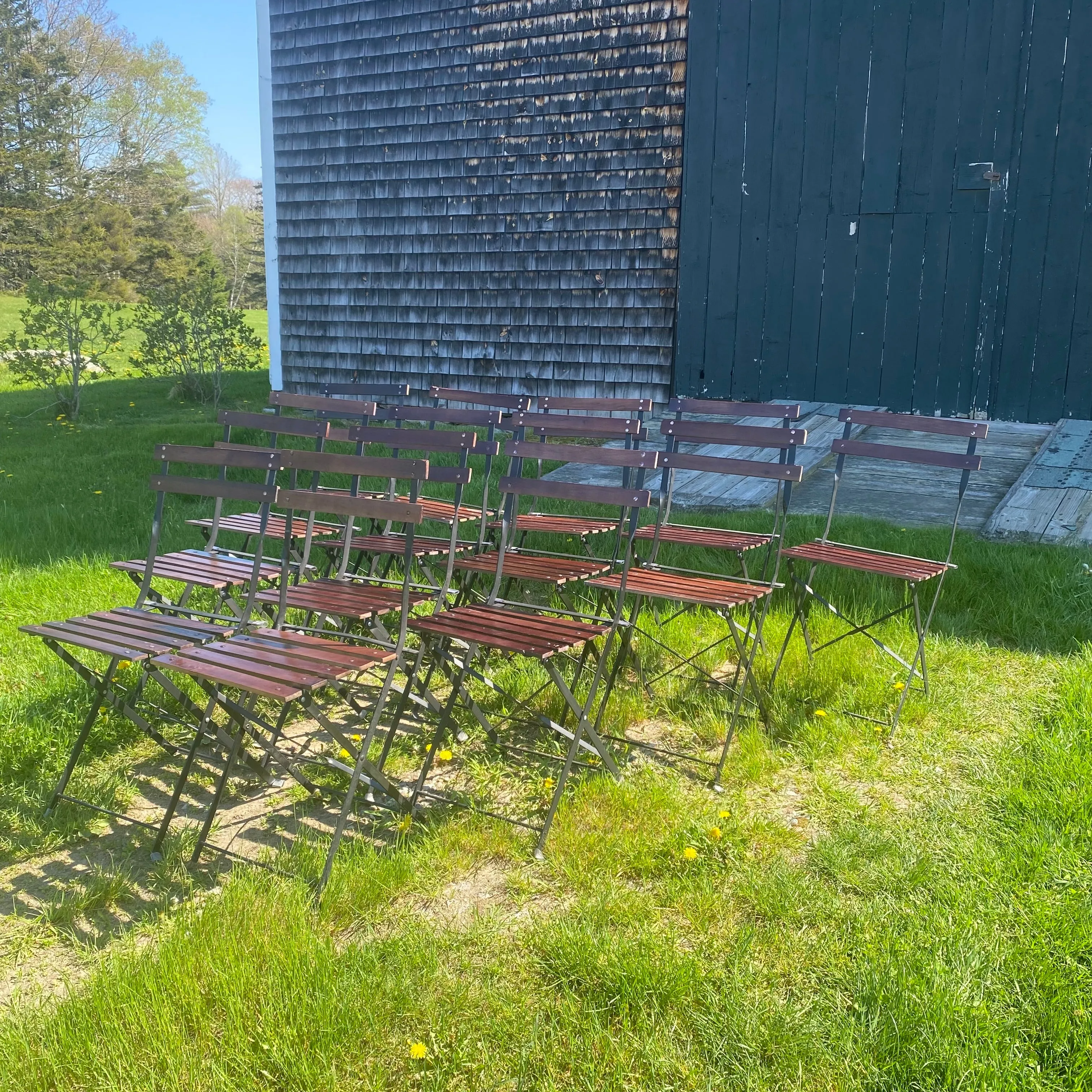 French Style Iron and Slatted Wood Cafe or Bistro Table Folding Garden or Dining Chairs