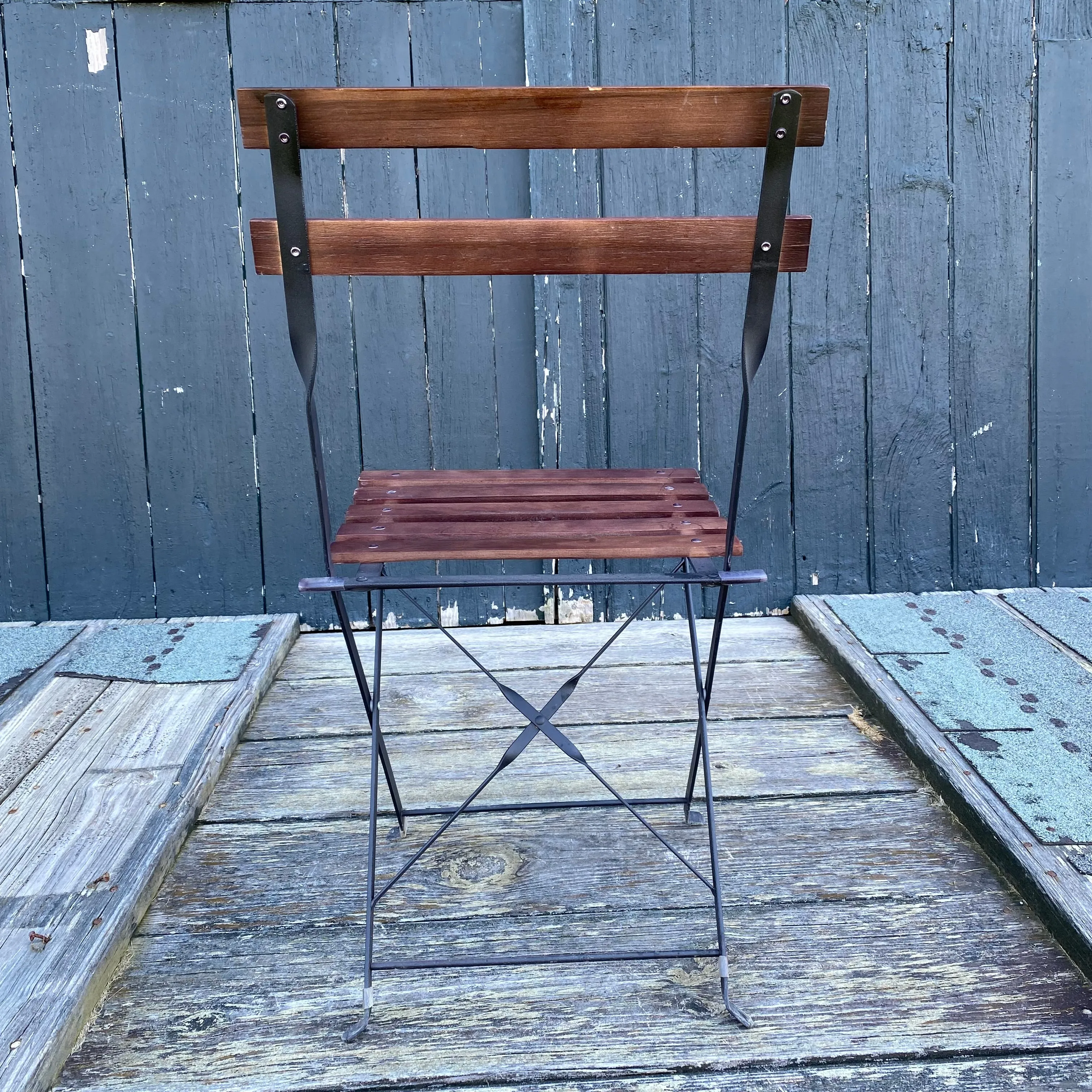 French Style Iron and Slatted Wood Cafe or Bistro Table Folding Garden or Dining Chairs