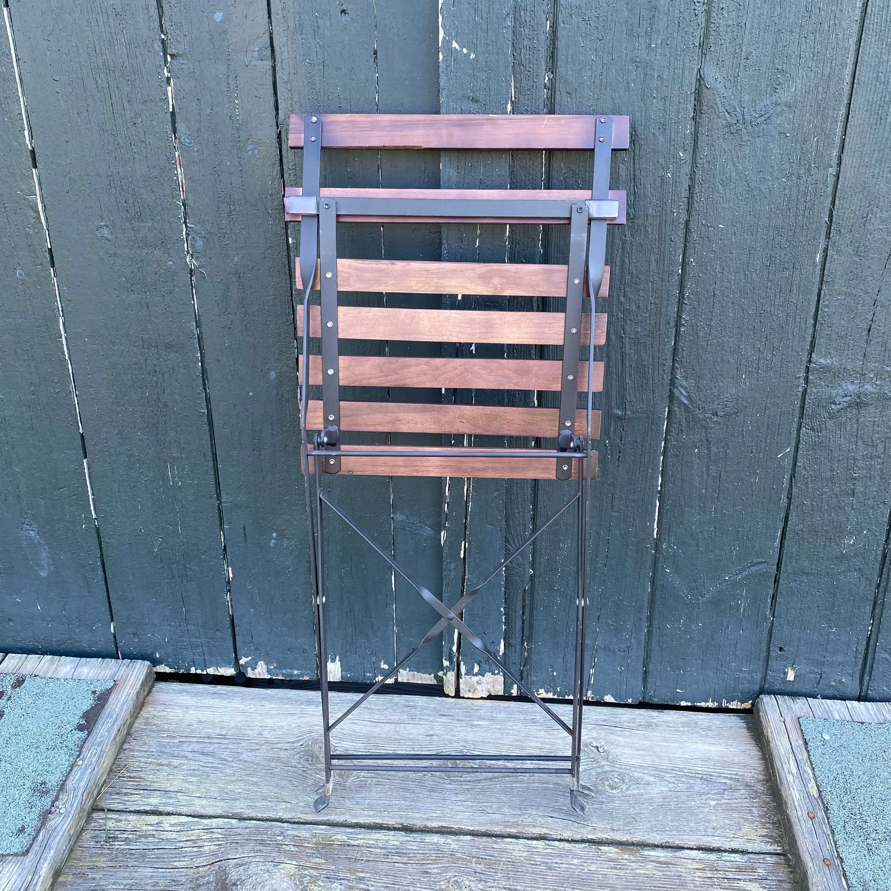 French Style Iron and Slatted Wood Cafe or Bistro Table Folding Garden or Dining Chairs