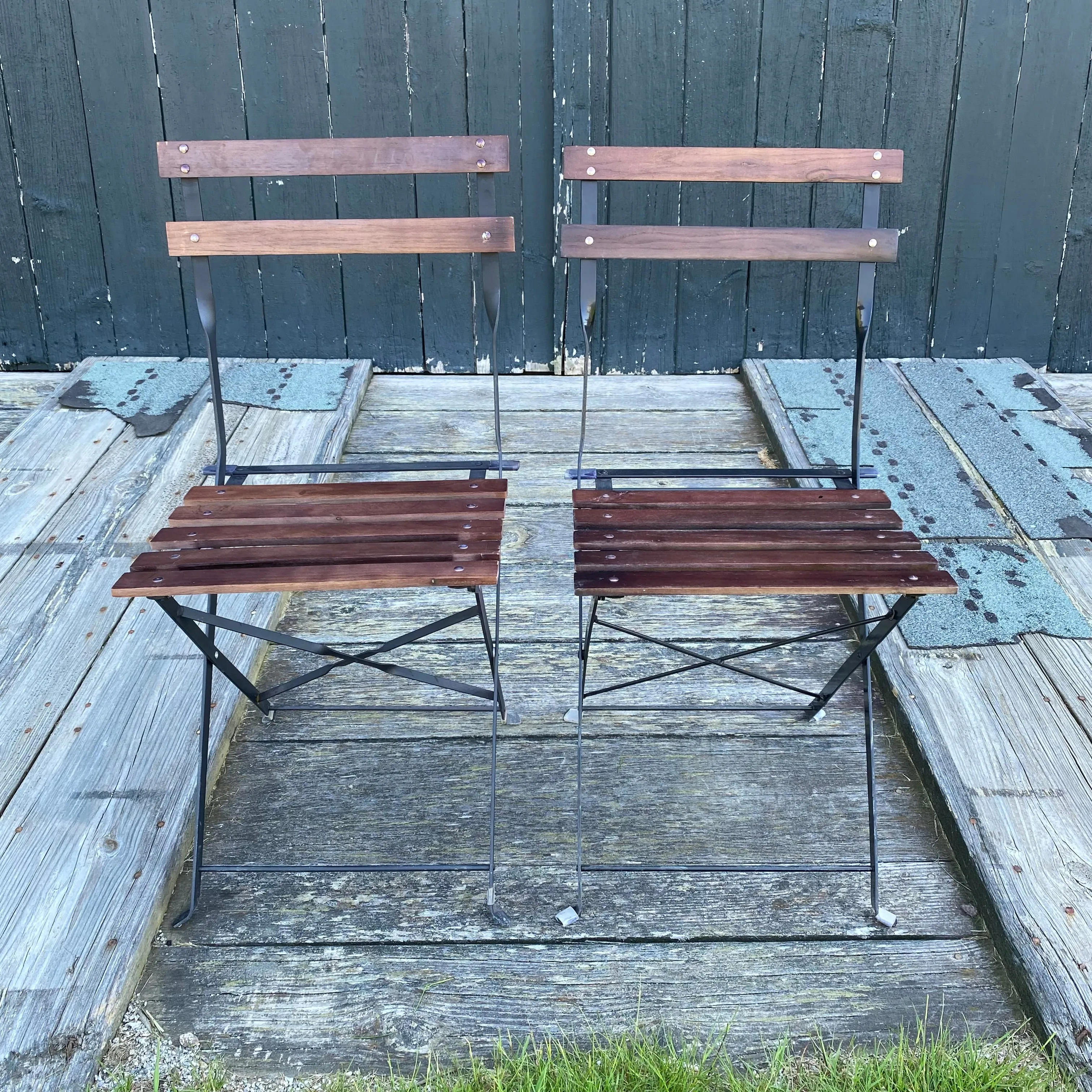 French Style Iron and Slatted Wood Cafe or Bistro Table Folding Garden or Dining Chairs