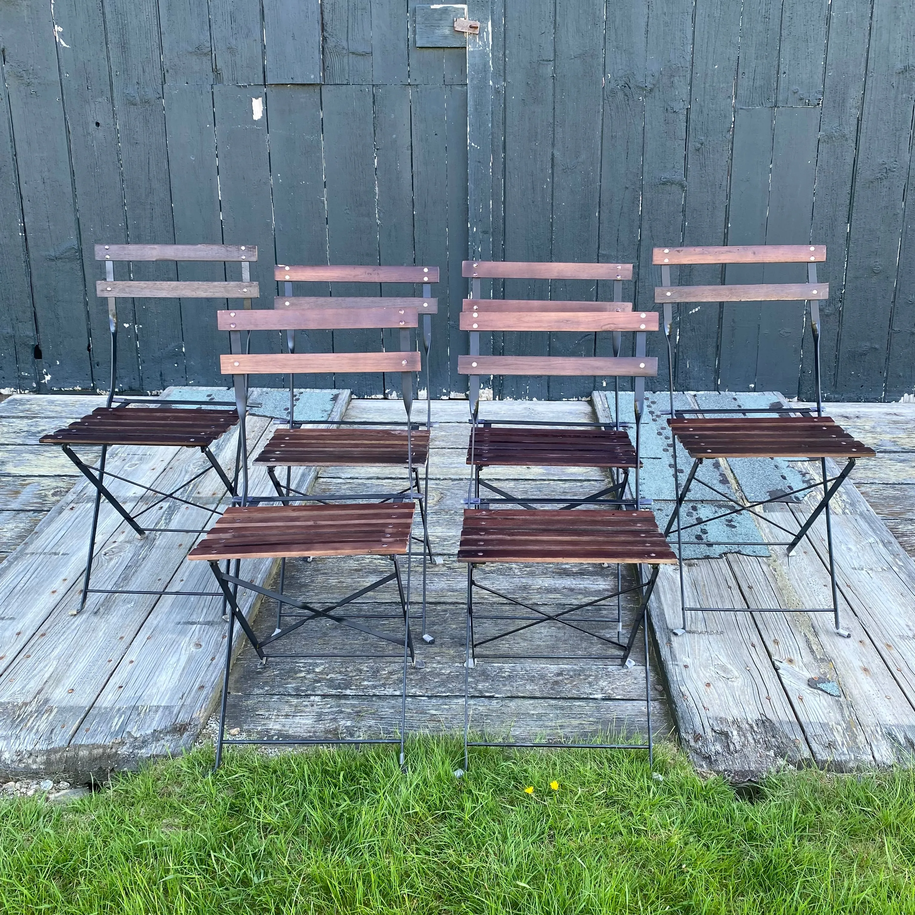 French Style Iron and Slatted Wood Cafe or Bistro Table Folding Garden or Dining Chairs