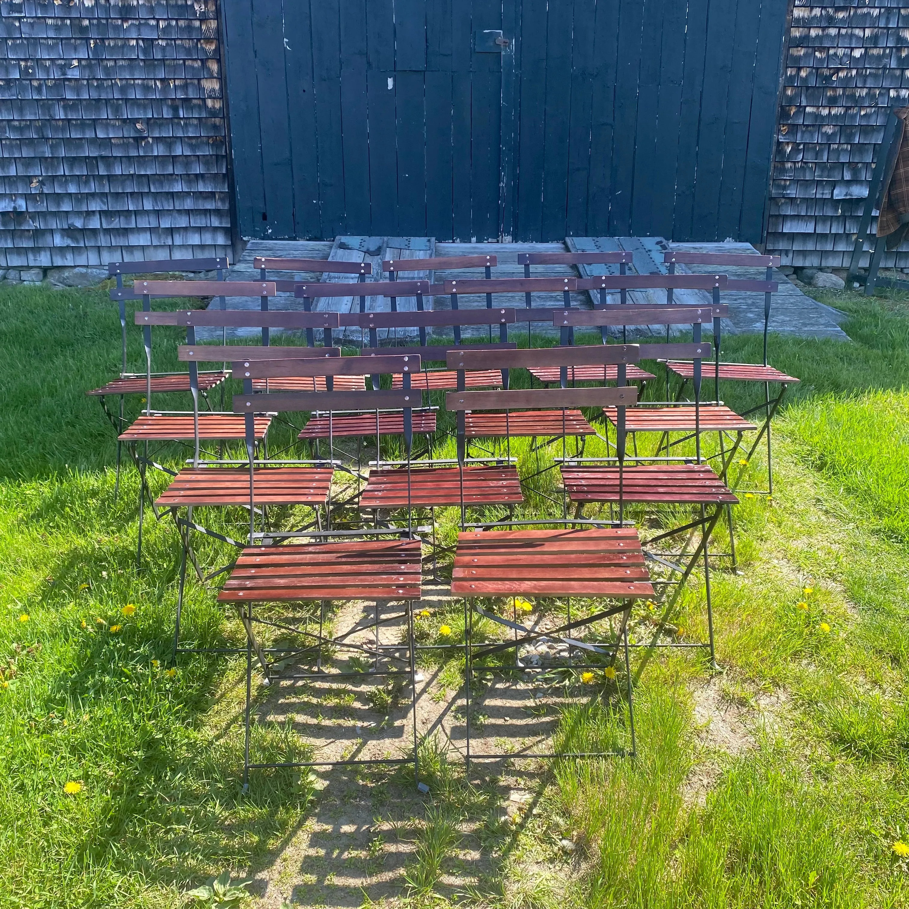 French Style Iron and Slatted Wood Cafe or Bistro Table Folding Garden or Dining Chairs