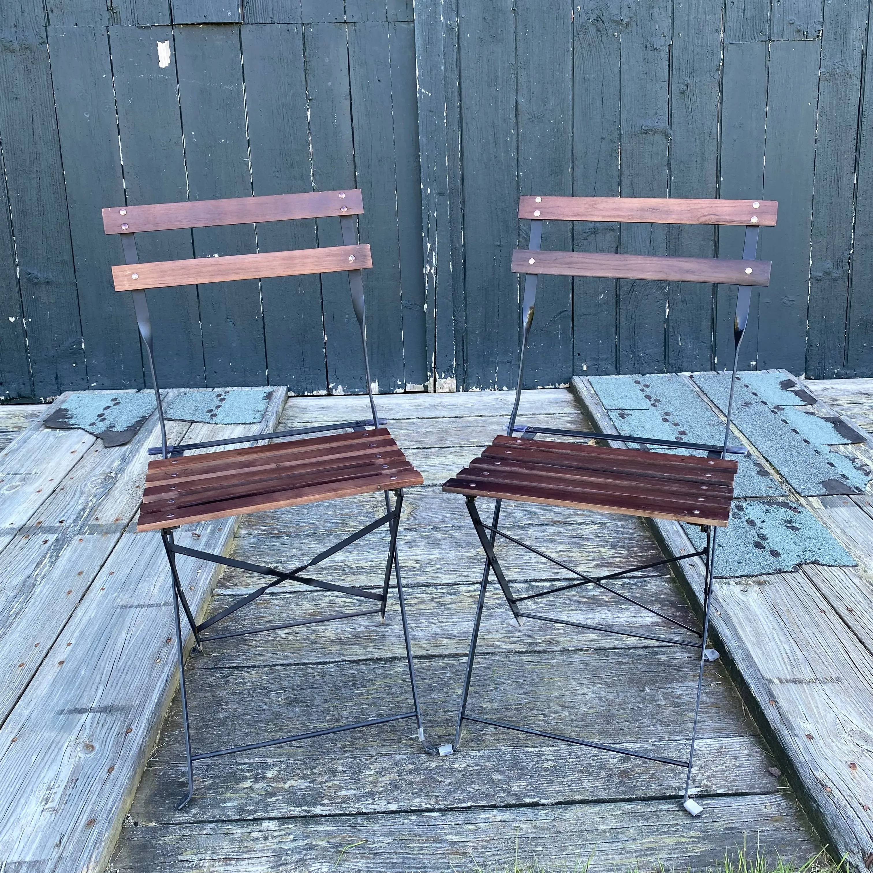 French Style Iron and Slatted Wood Cafe or Bistro Table Folding Garden or Dining Chairs