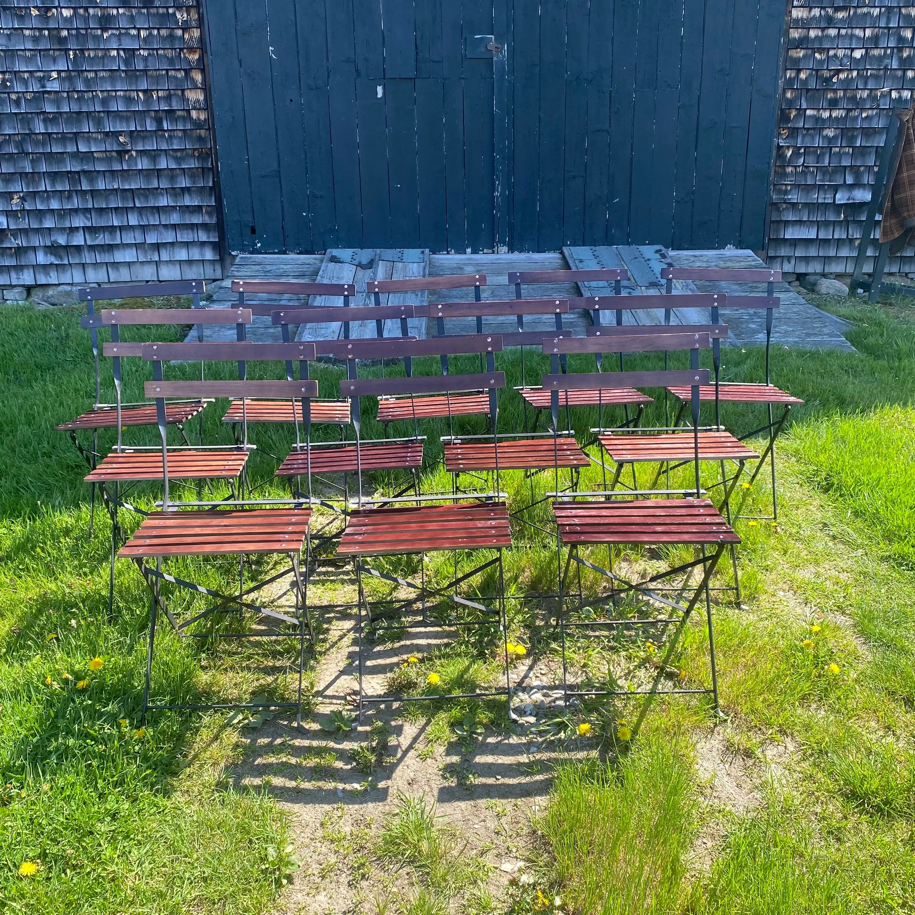 French Style Iron and Slatted Wood Cafe or Bistro Table Folding Garden or Dining Chairs