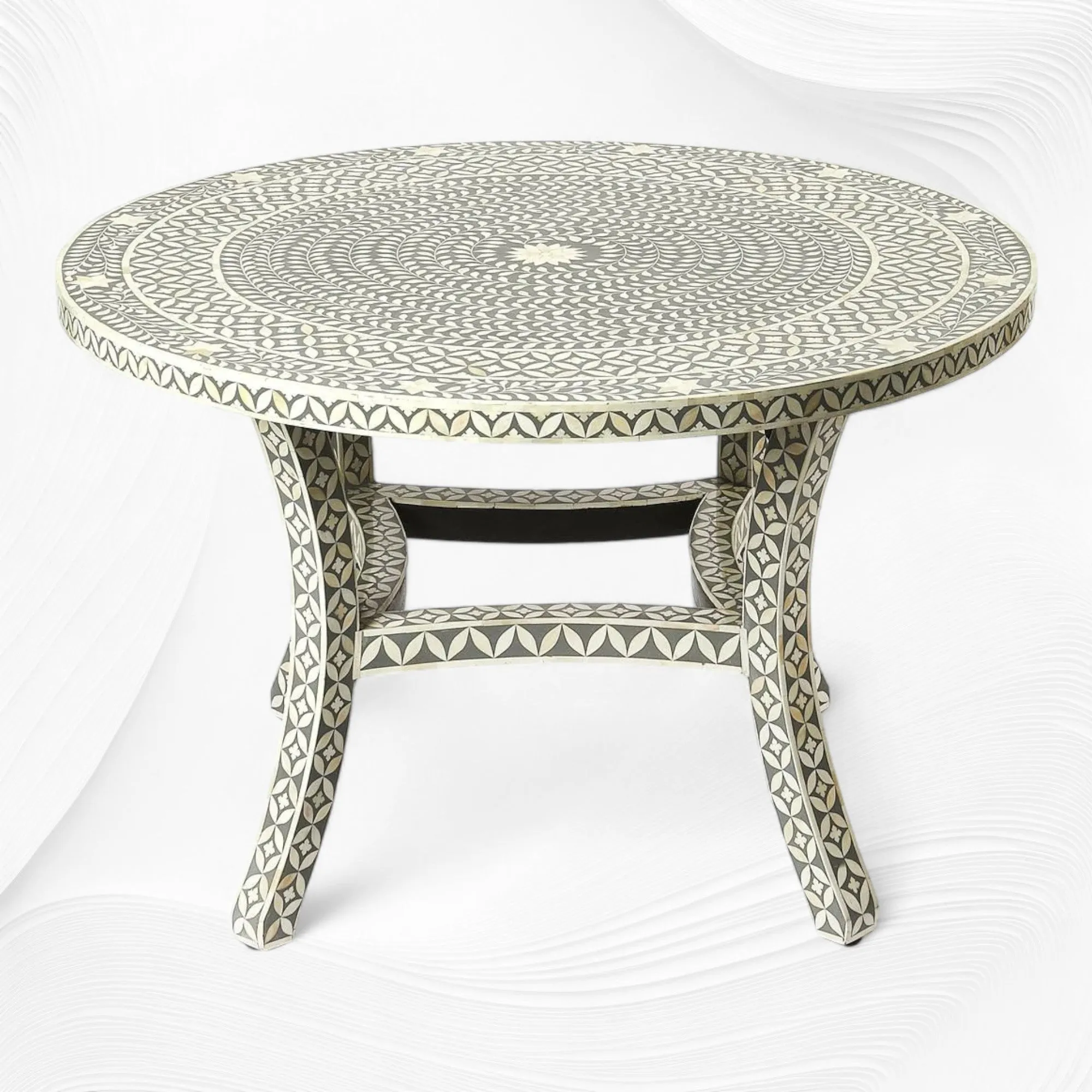 Geometric Floral Bone Inlay Round Dining Table Set Grey