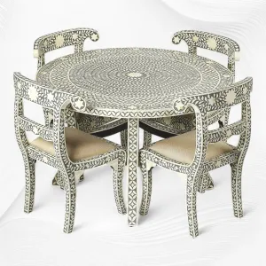 Geometric Floral Bone Inlay Round Dining Table Set Grey