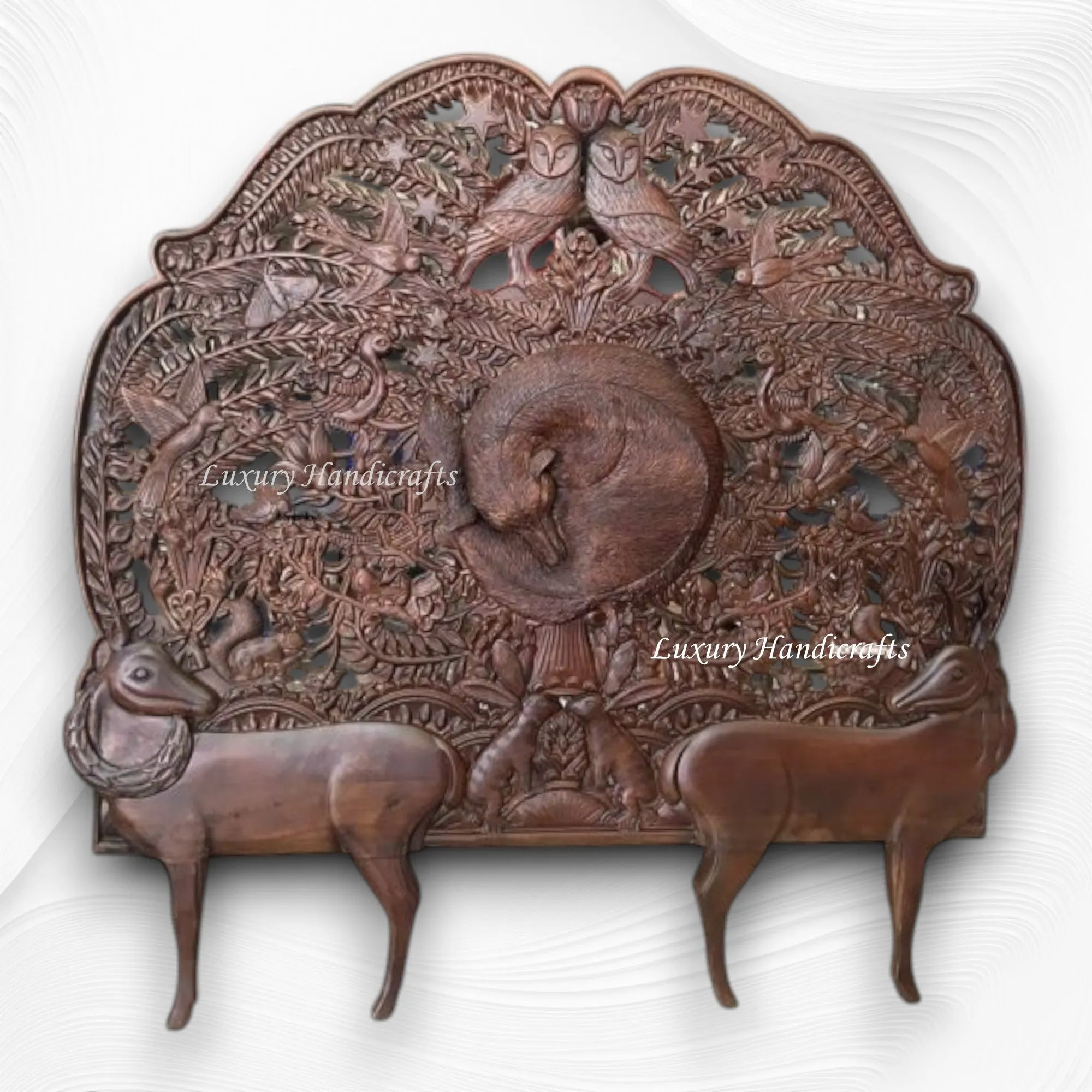 Handcarved Menagerie Deer Fox Headboard Dark Brown